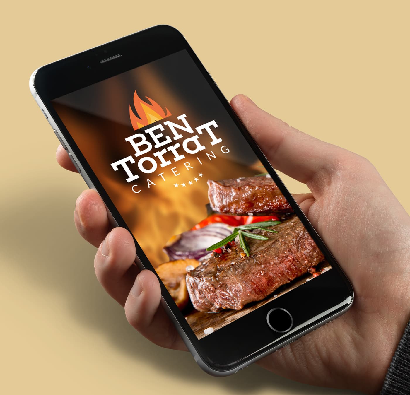 Mobile screen with the flame logotype of Ben Torrat Catering