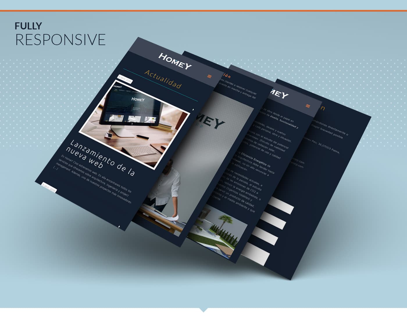 Mockup responsive de la web de HomeY Corp en diverses pantalles de mòbil superposades