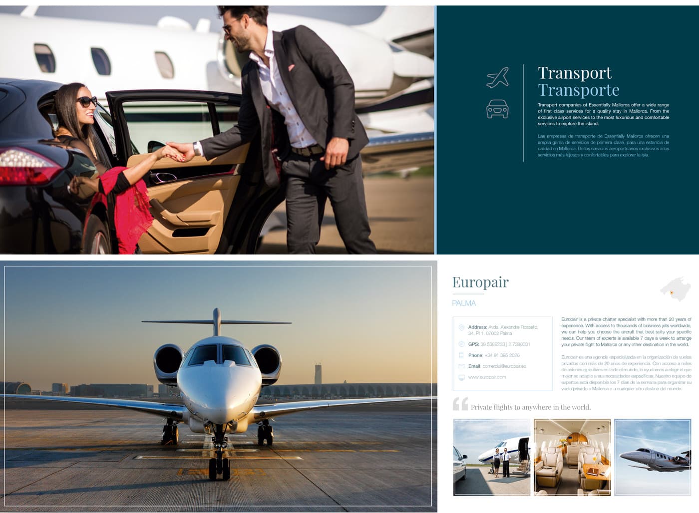 Pàgina de la secció Transport amb parella baixant d'un cotxe de luxe al costat d'un jet privat
