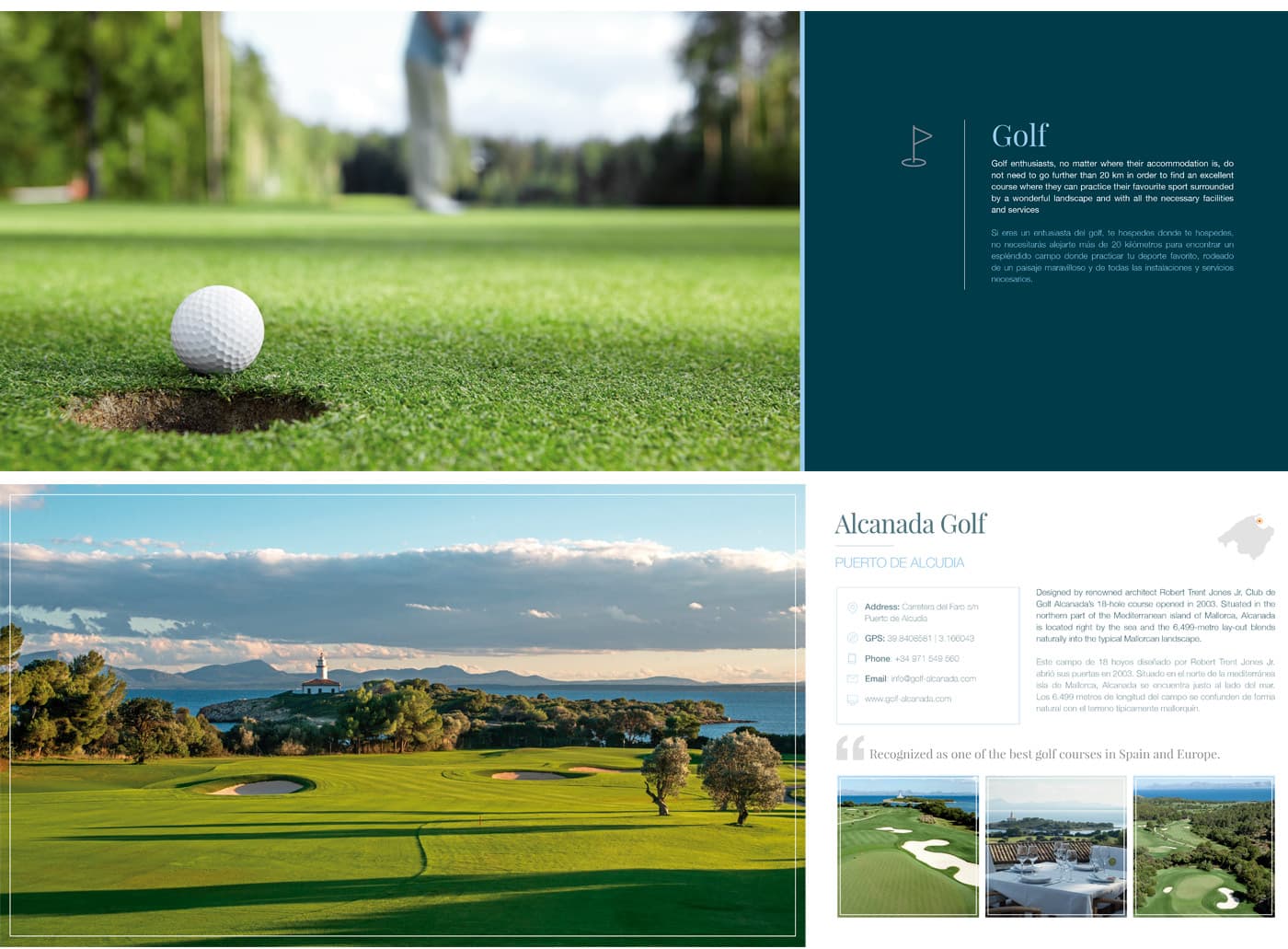 Pàgina de la secció Golf amb bola al costat del forat i vista del camp Alcanada Golf al costat del mar