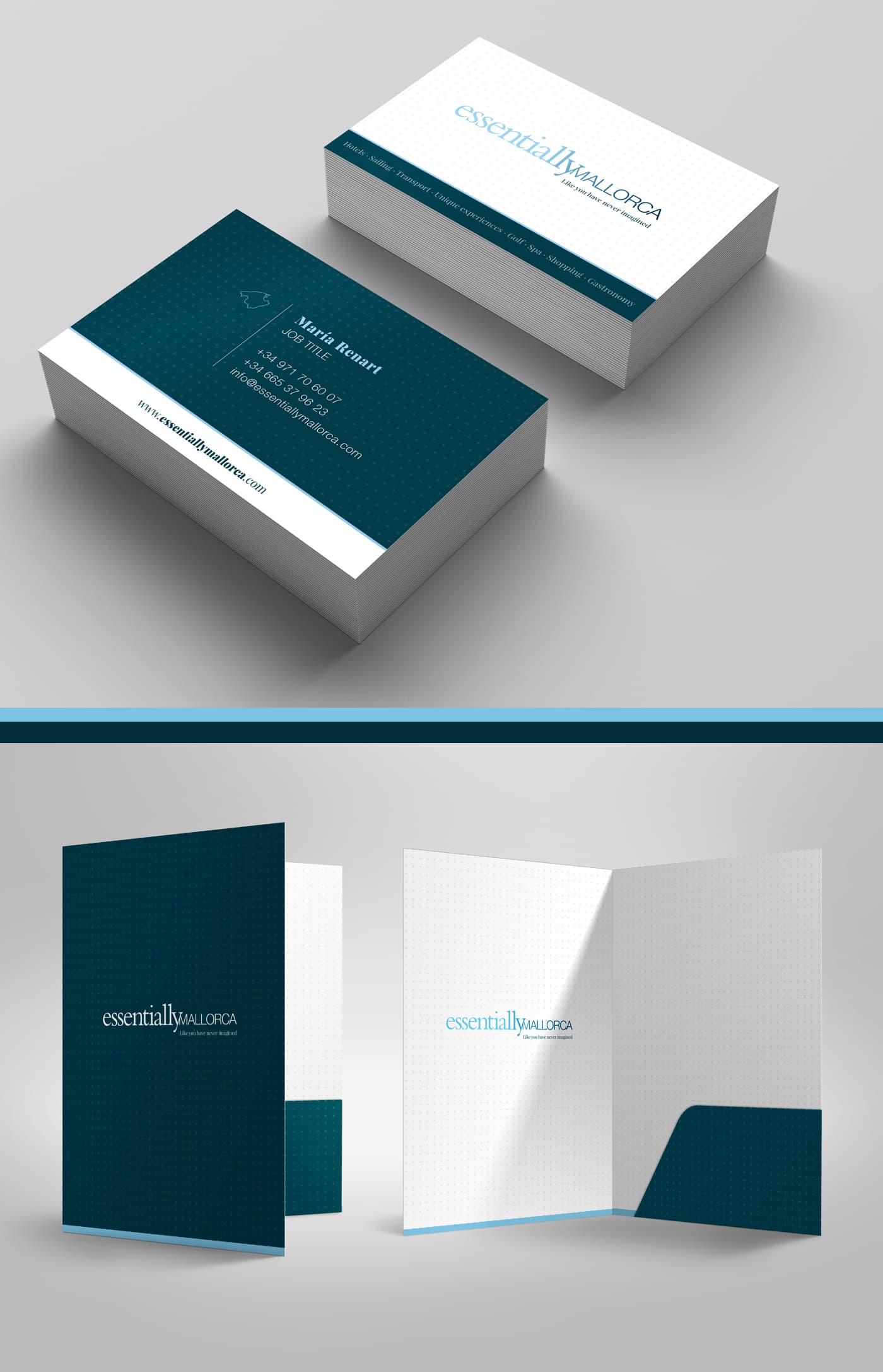 Targetes de visita i carpeta corporativa amb el logotip essentiallyMALLORCA en blau petroli