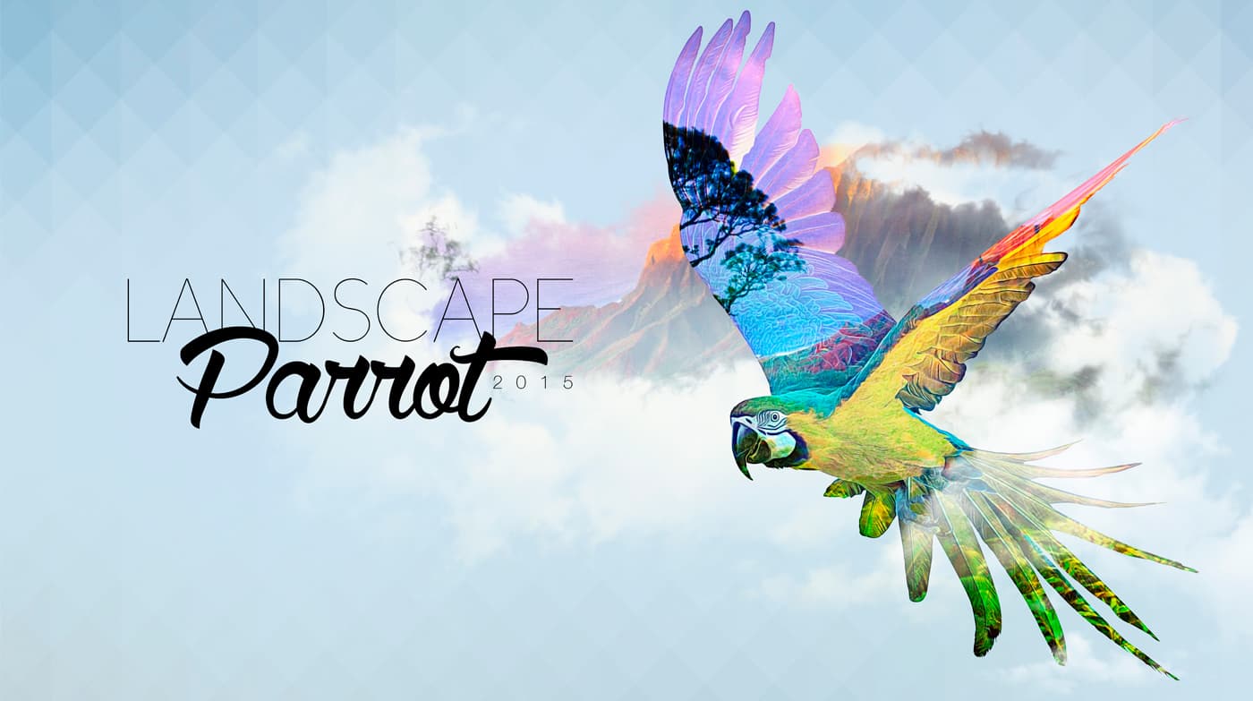 Double exposure of a macaw in flight fused with a mountain landscape