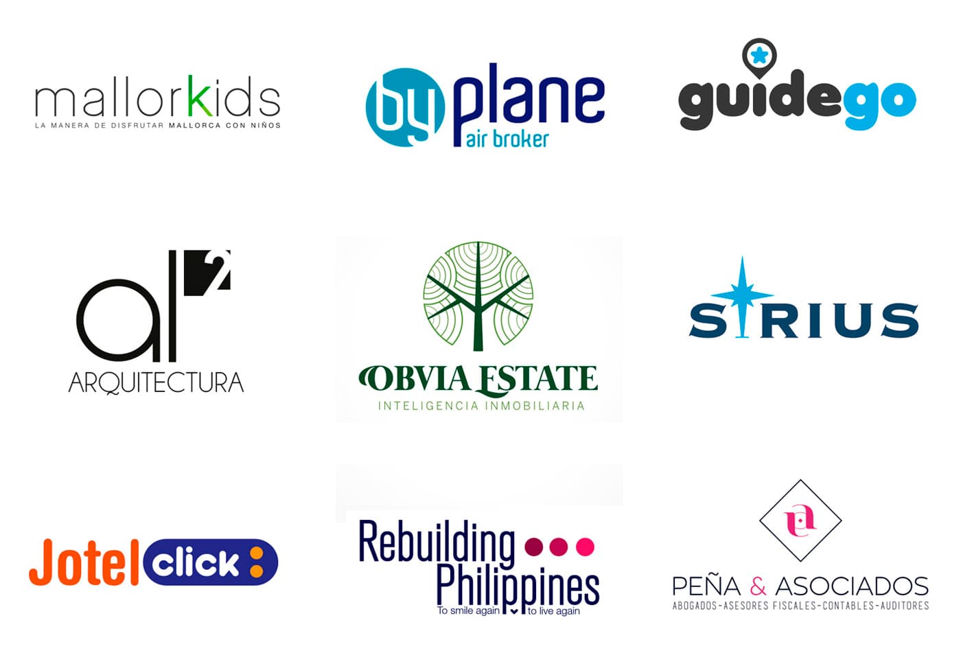 Quadrícula amb els logotips de MallorKids, byPlane, GuideGo, al² Arquitectura, Obvia Estate, Sirius, JotelClick, Rebuilding Philippines i Peña & Asociados