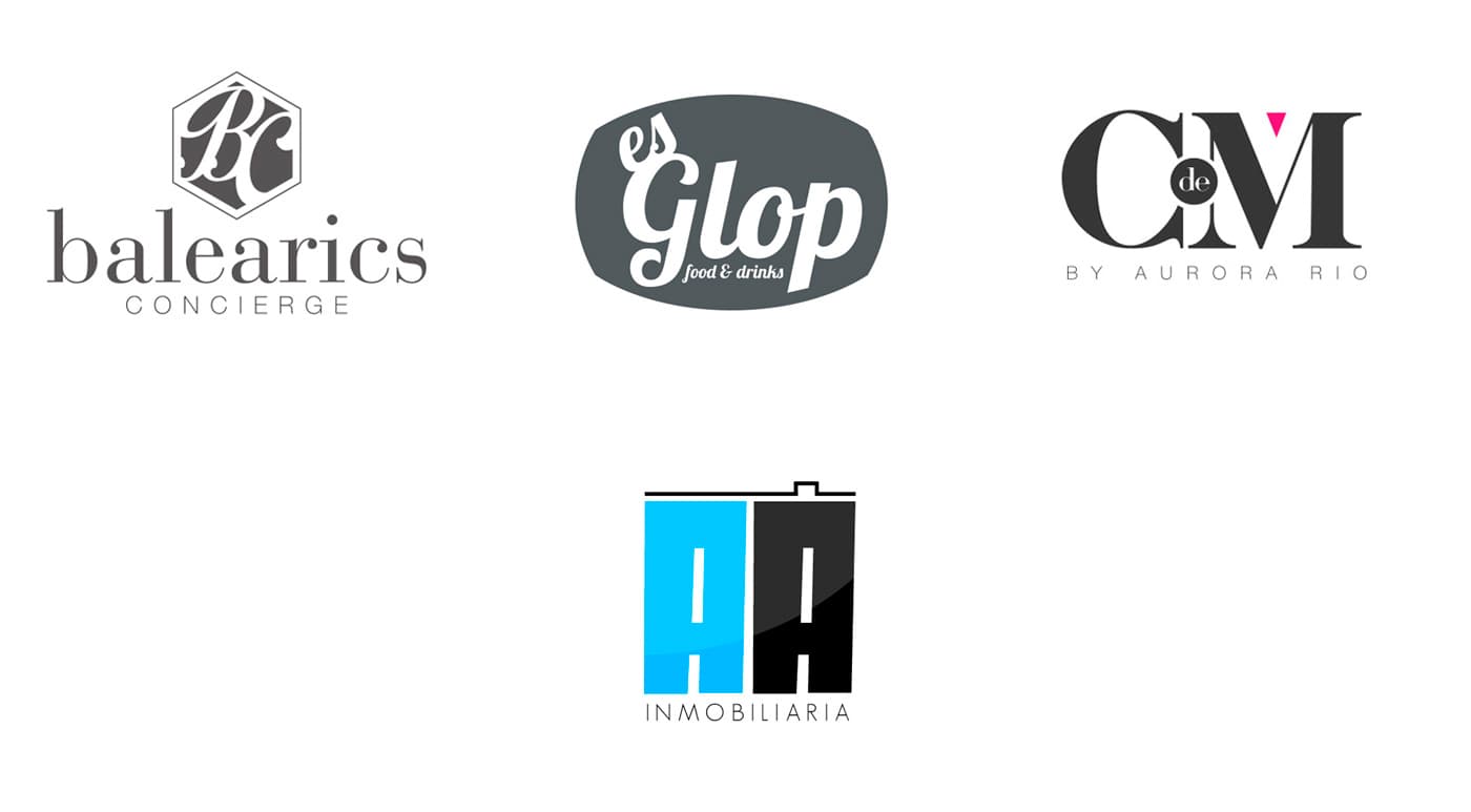 Logotips de Balearics Concierge, Es Glop food & drinks, C de M by Aurora Rio i AI Inmobiliaria