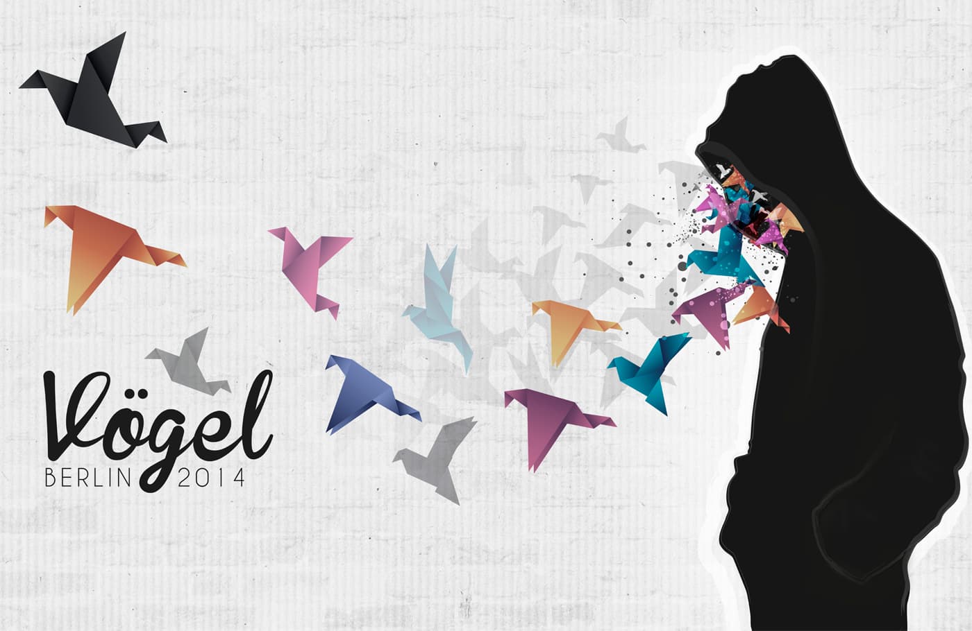 Cartel de aves de origami coloridas saliendo de una silueta encapuchada