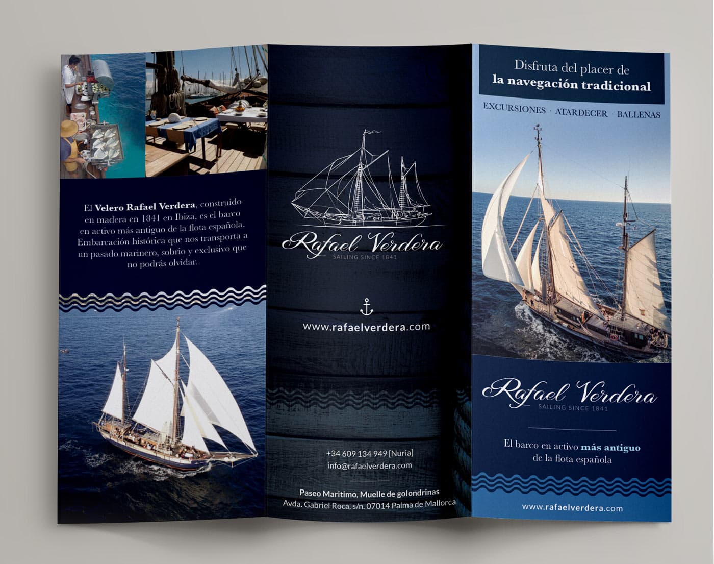 Open trifold with photographs of the sailboat under way and a line illustration of the ship
