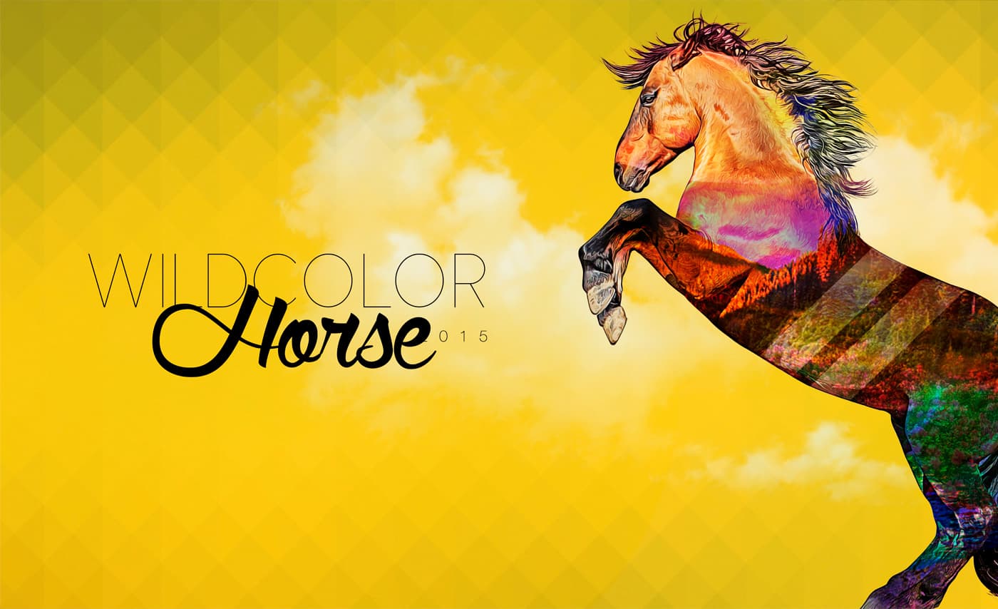 Double exposure of a rearing horse with an autumn landscape on a yellow background