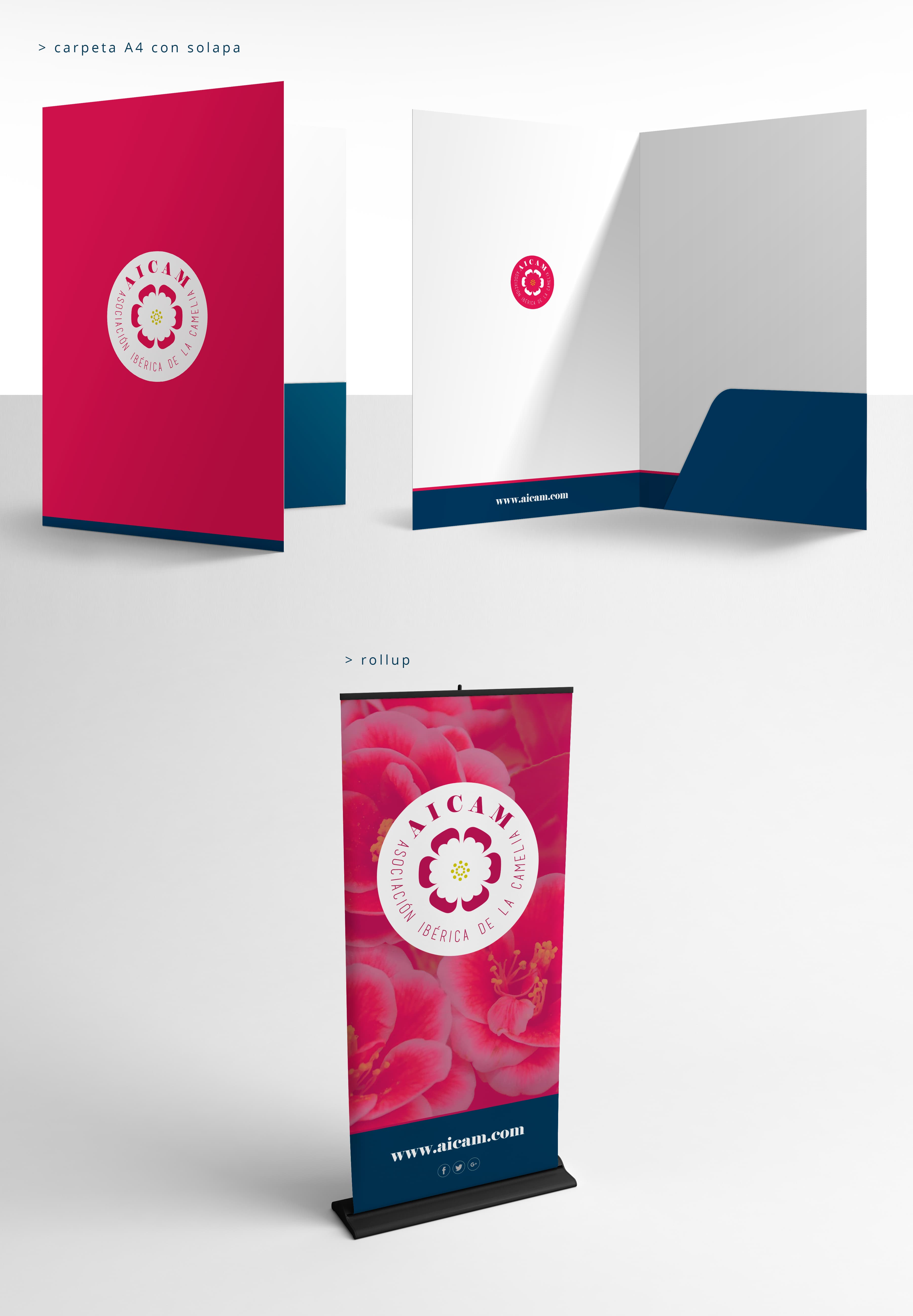Carpeta A4 amb solapa i roll-up amb fotografia de camèlies en rosa
