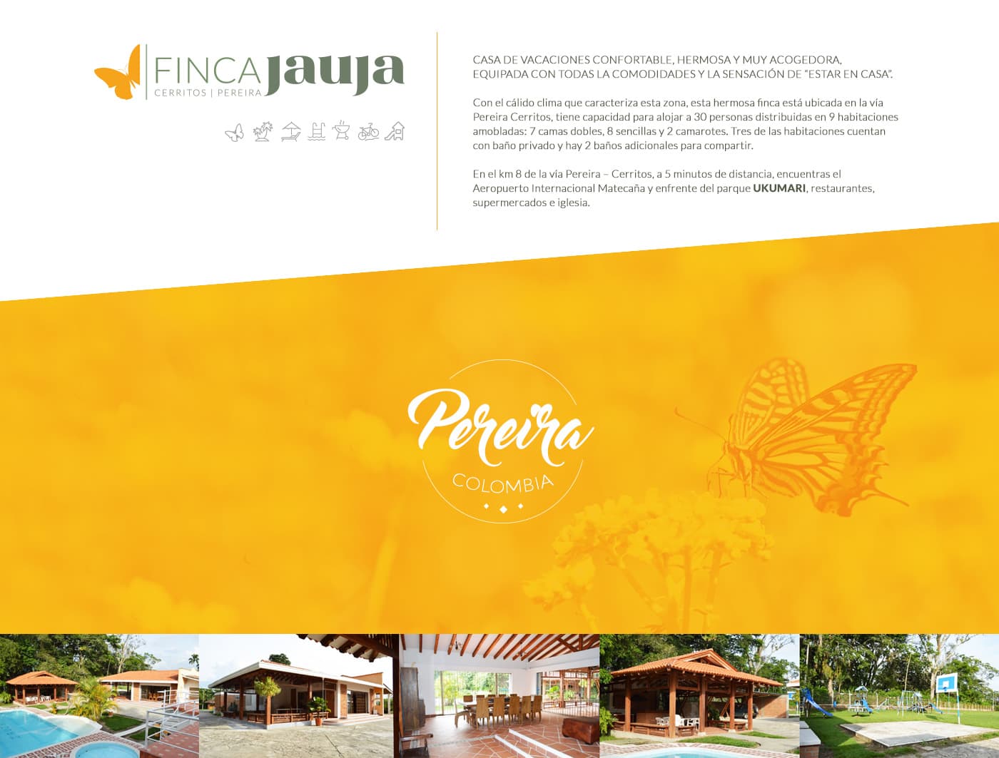 Finca Jauja presentation with a butterfly logo and photos of the pool, dining room and garden