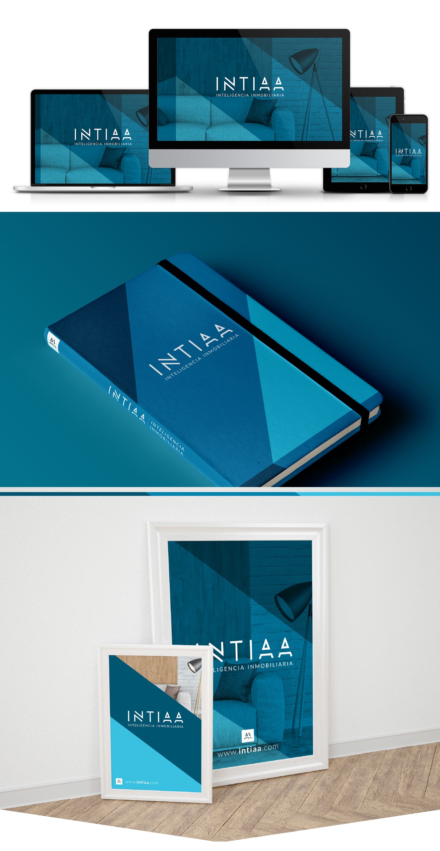 Mockup de la web d'Intiaa en diversos dispositius, llibreta i pòsters emmarcats en blau duotò