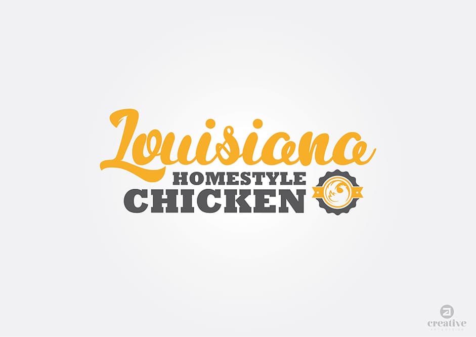 Logotip de Louisiana Homestyle Chicken en taronja i gris sobre fons clar