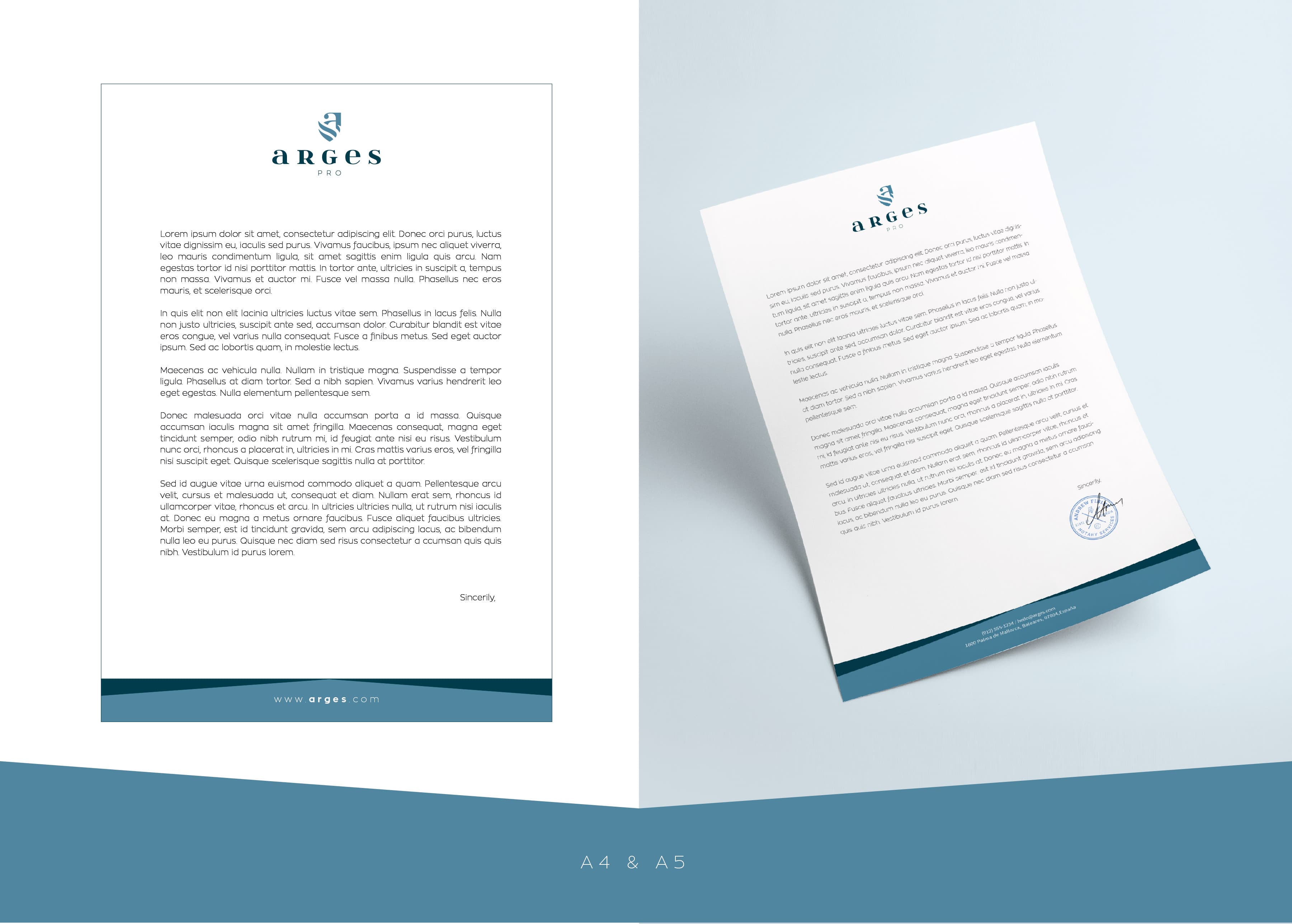 Mockup of letterhead with the Arges Pro heading in A4 and A5 formats