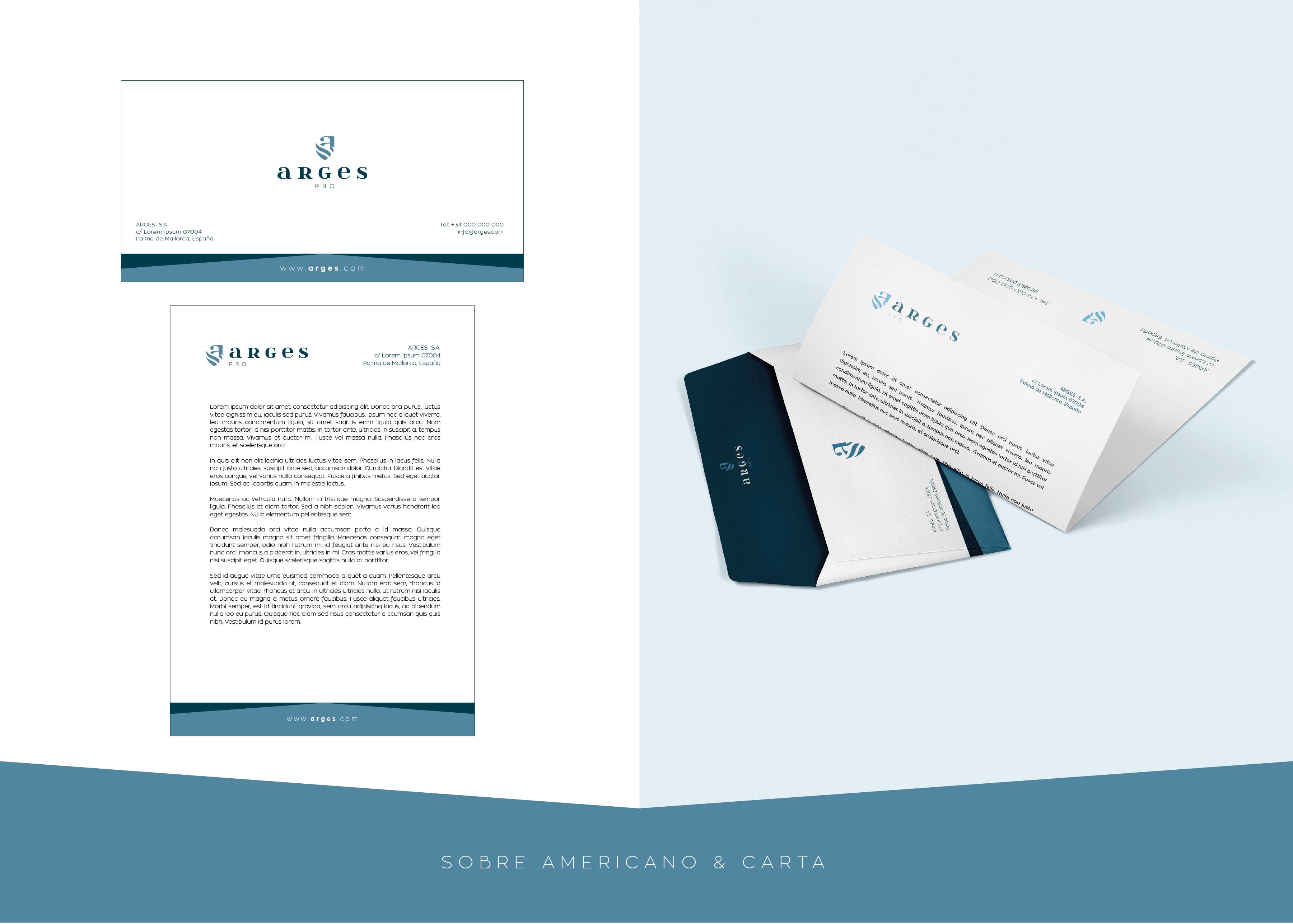Business cards and envelope with the Arges Pro identity