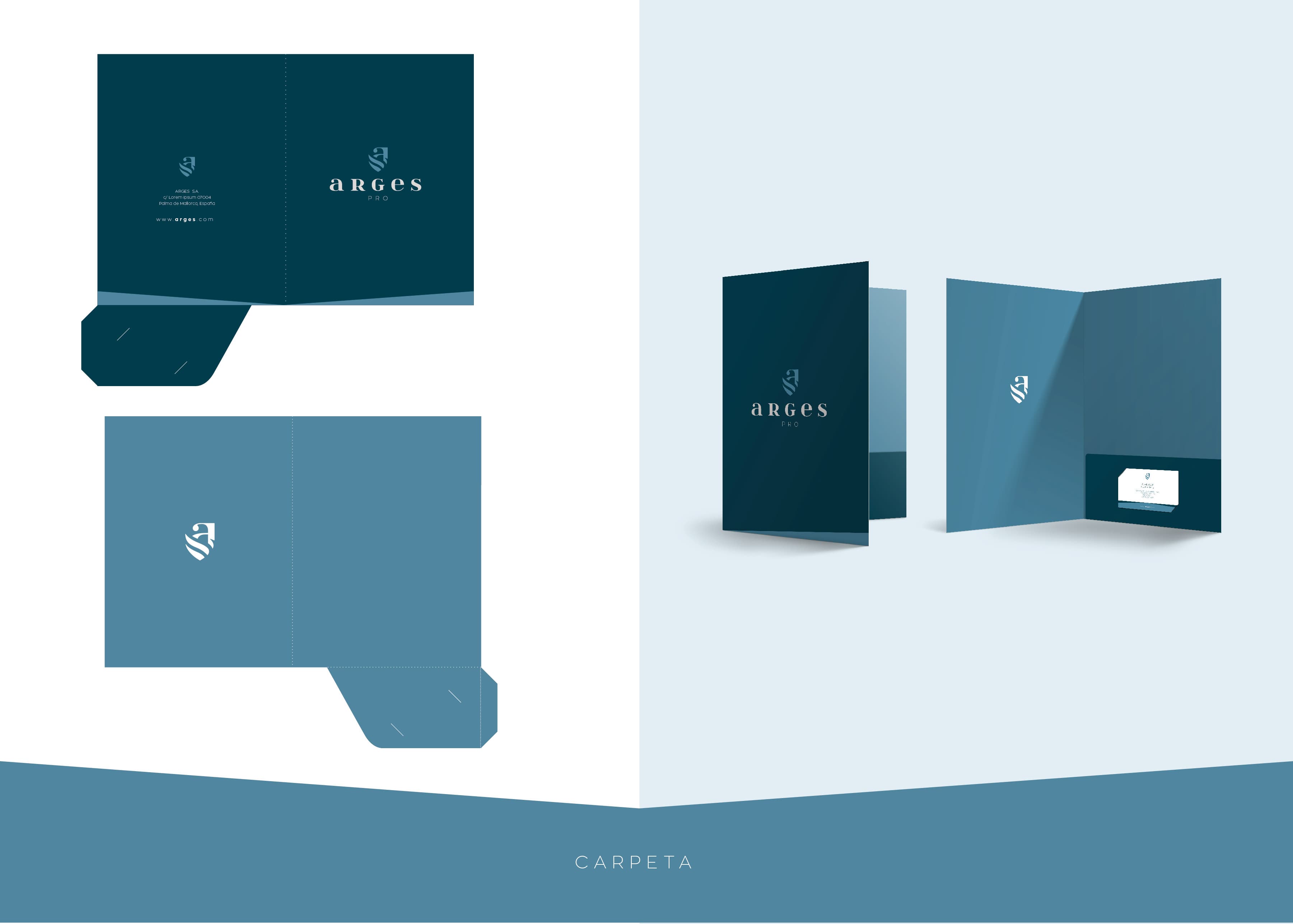 Template and mockup of a corporate folder with the Arges Pro logotype
