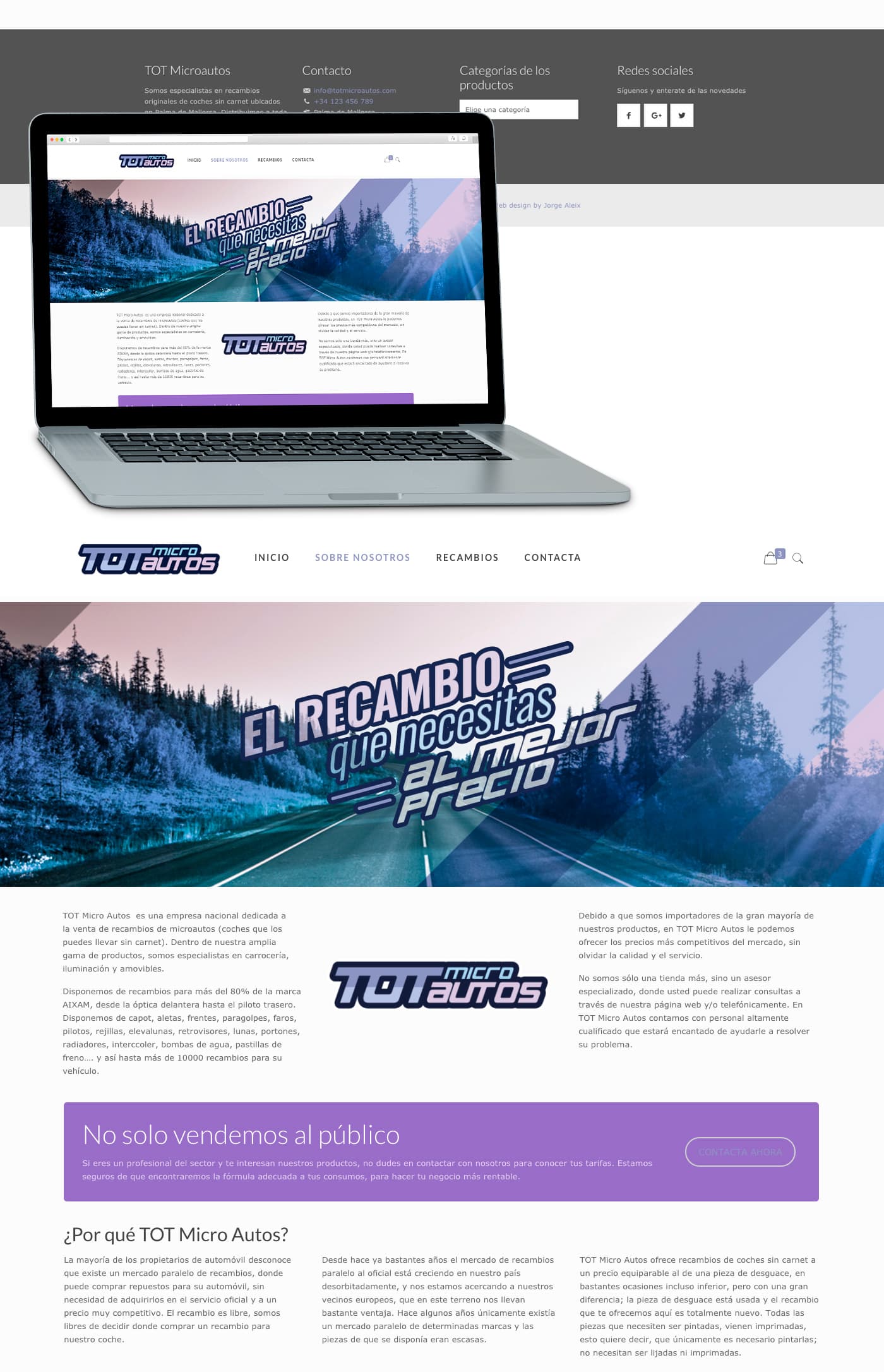 Laptop mockup and full view of the Tot Microautos homepage with its road cover image