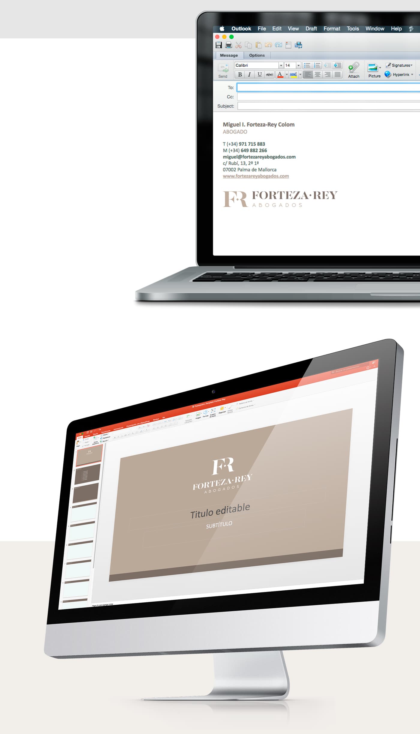 Email signature and PowerPoint template with the Forteza-Rey Abogados logo