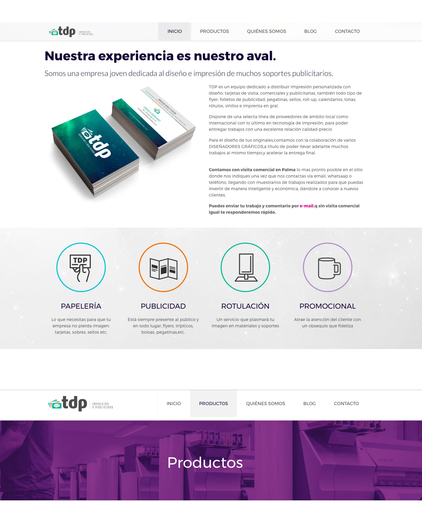 Screenshot of the TDP website with business cards and product menu