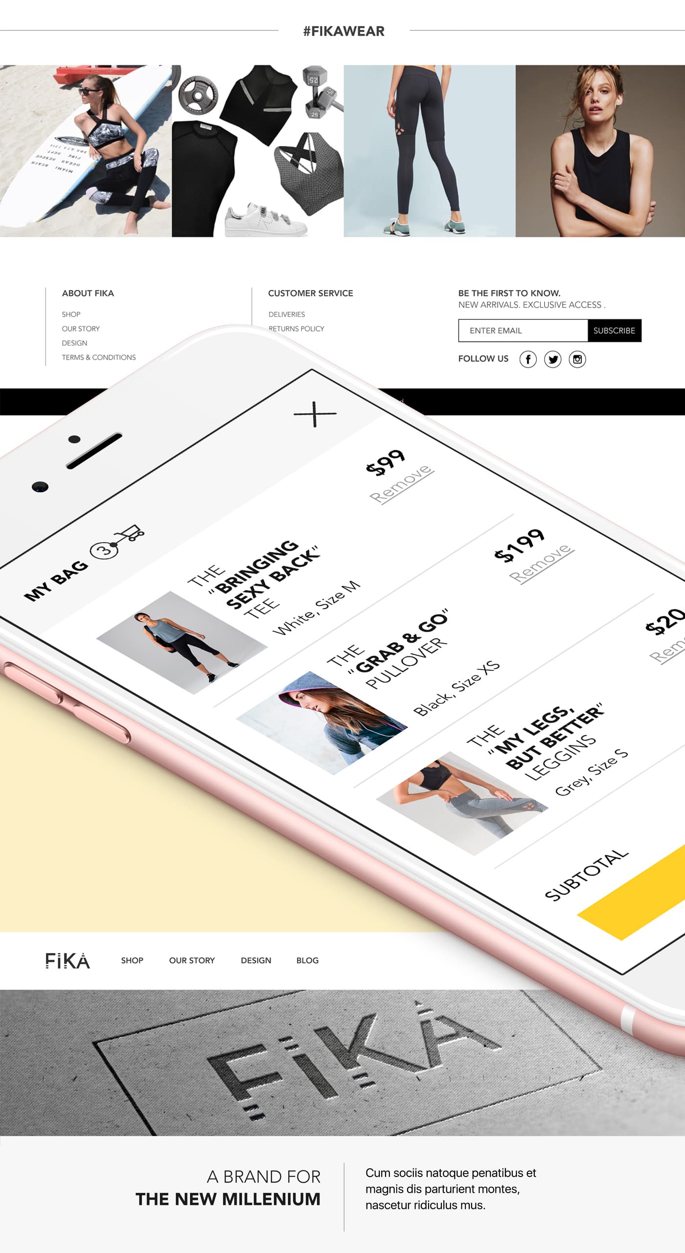 FIKA shopping cart mockup on a smartphone, with a moodboard and the logo engraved in concrete