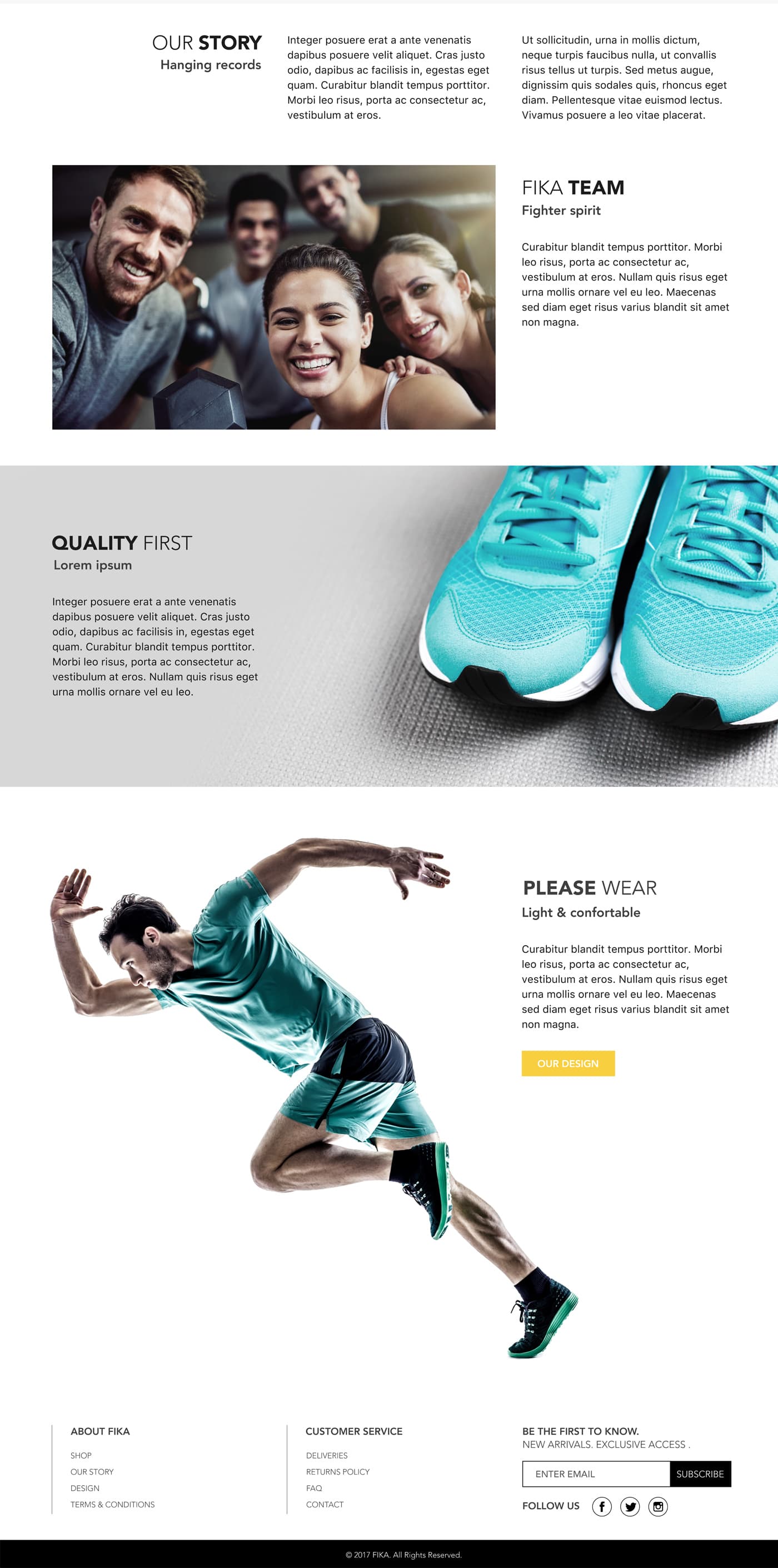 FIKA website's Our Story section with the team, technical trainers and a runner in action
