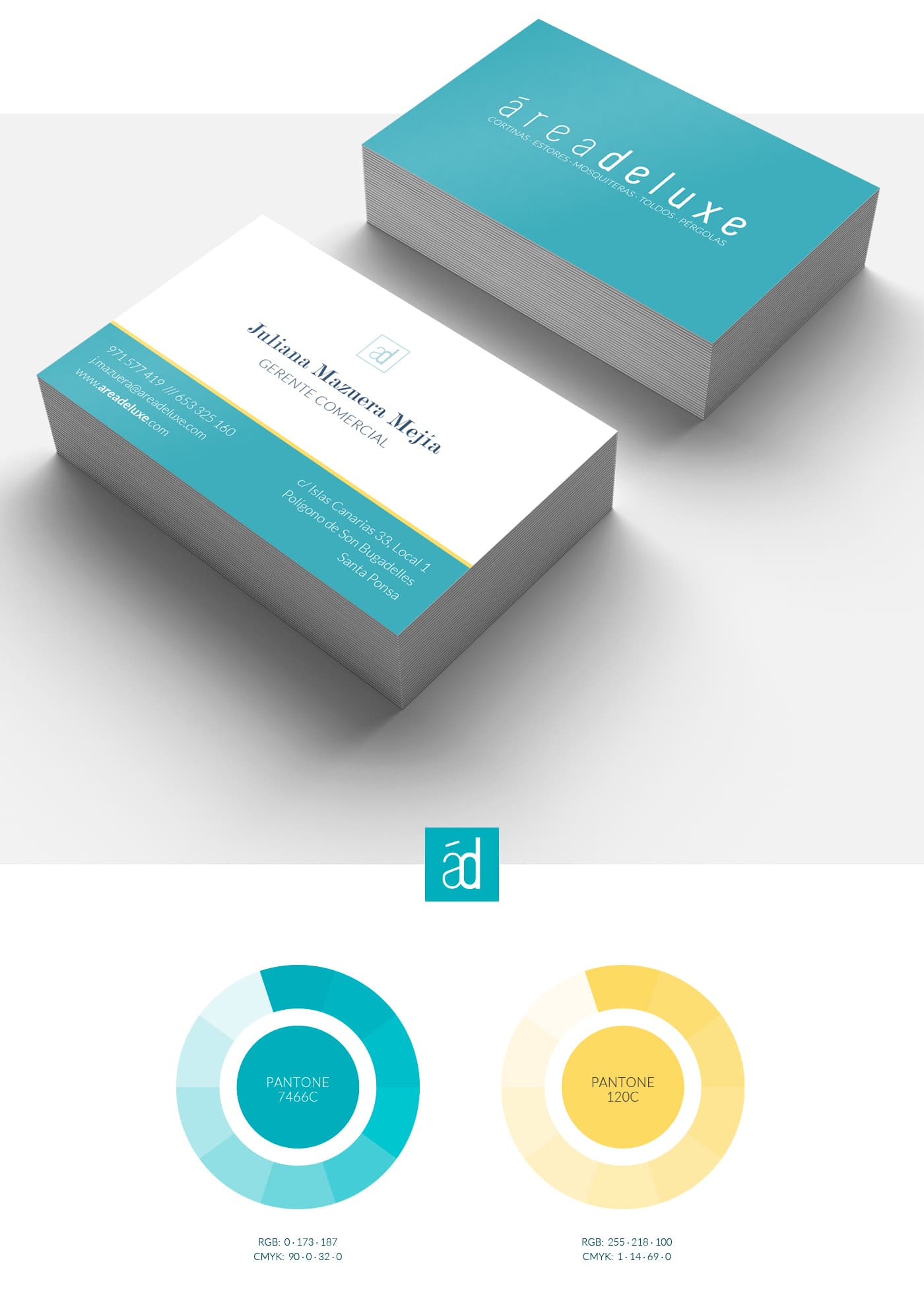 Área Deluxe business cards and turquoise and yellow colour palette