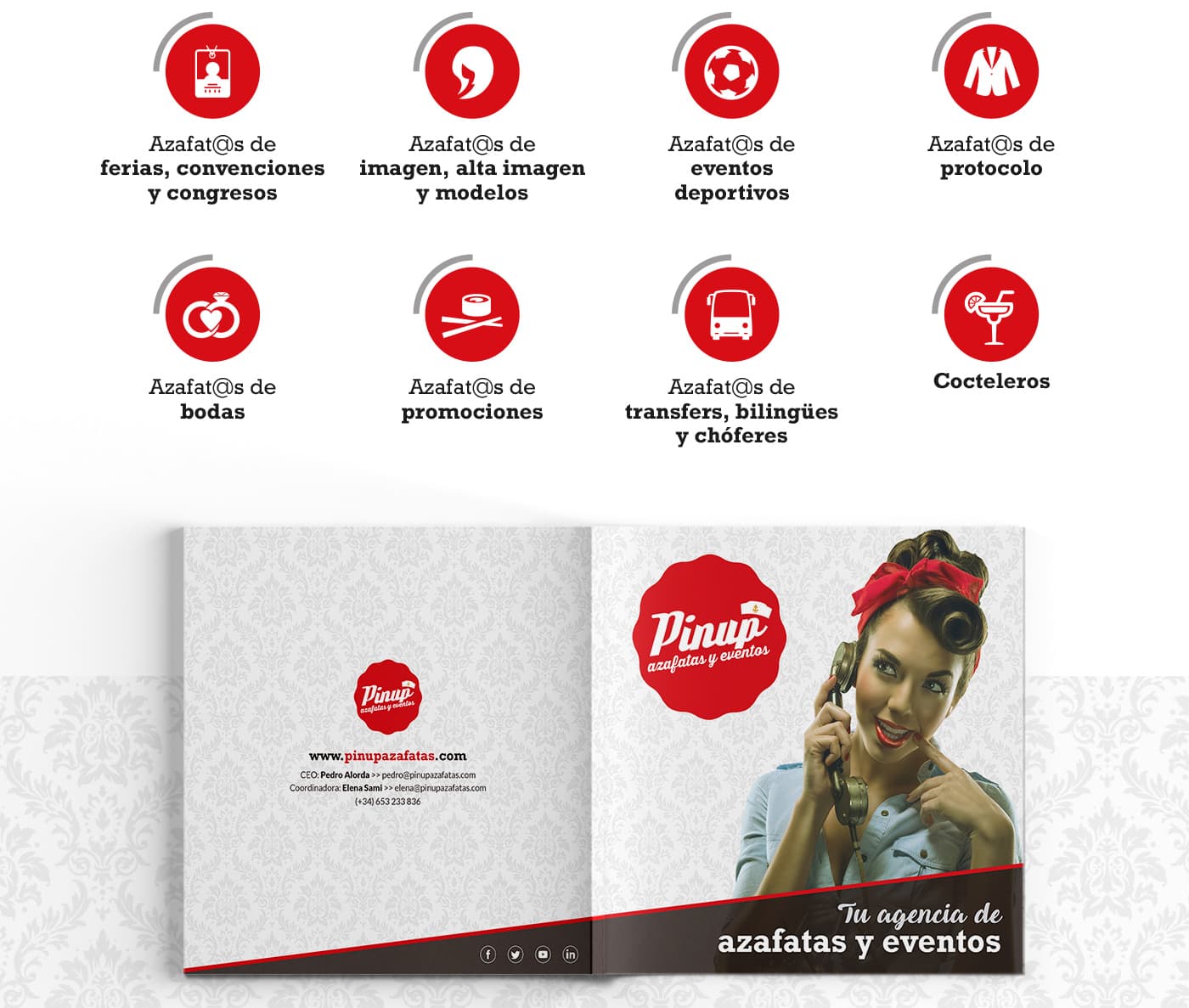 Service catalogue with red circular icons and a cover featuring a pin-up model
