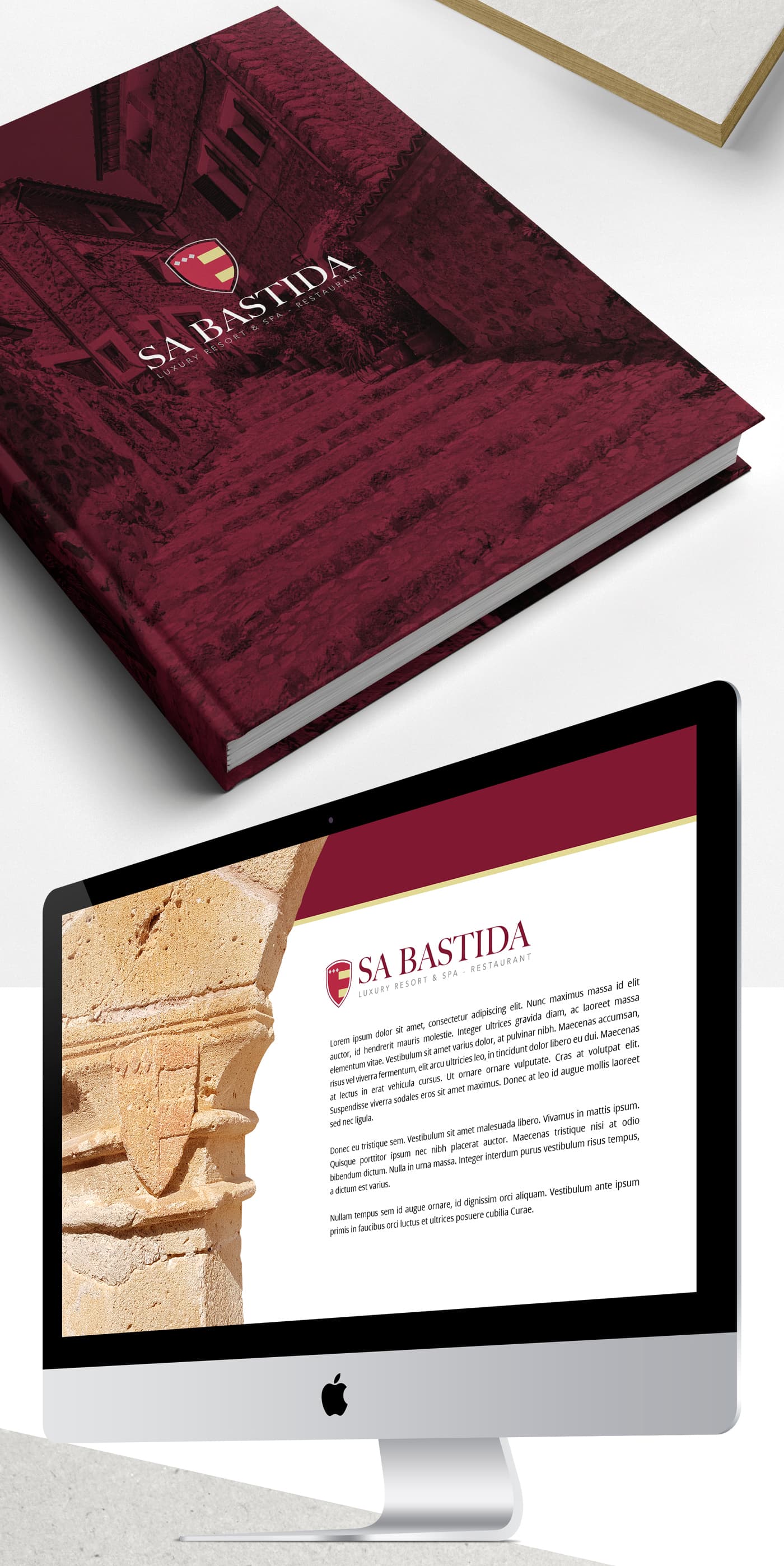Mockup of a book and website for Sa Bastida with the family crest over a stone photograph