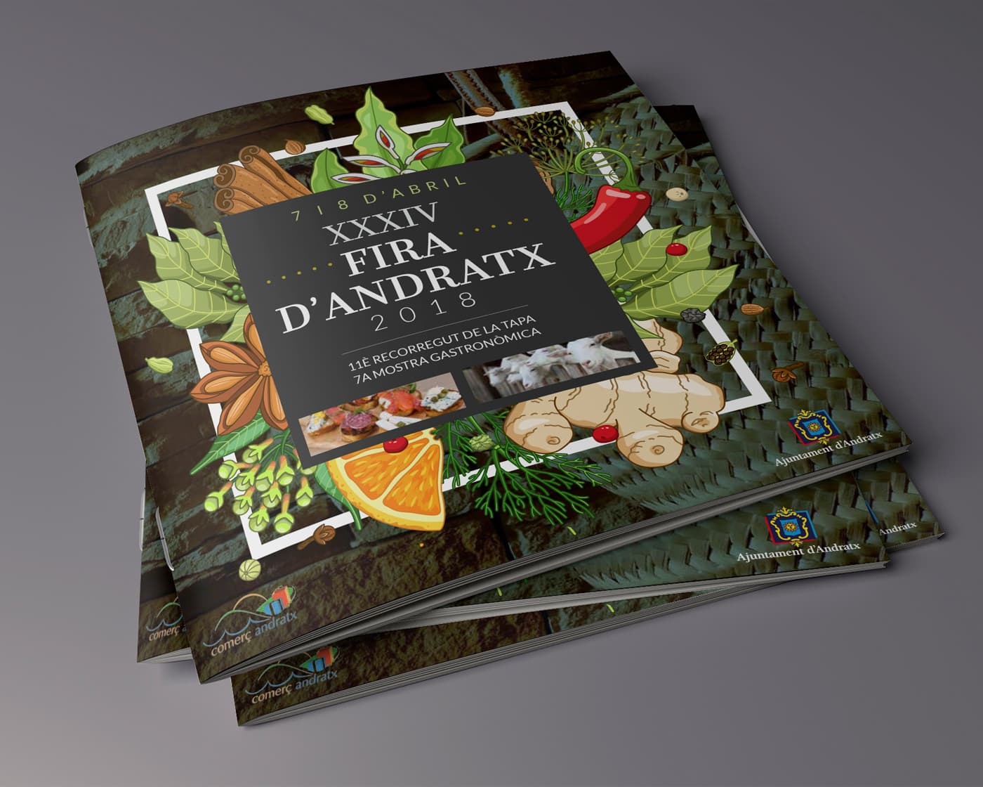Mockup of the Fira d'Andratx programme with an illustration of spices and food