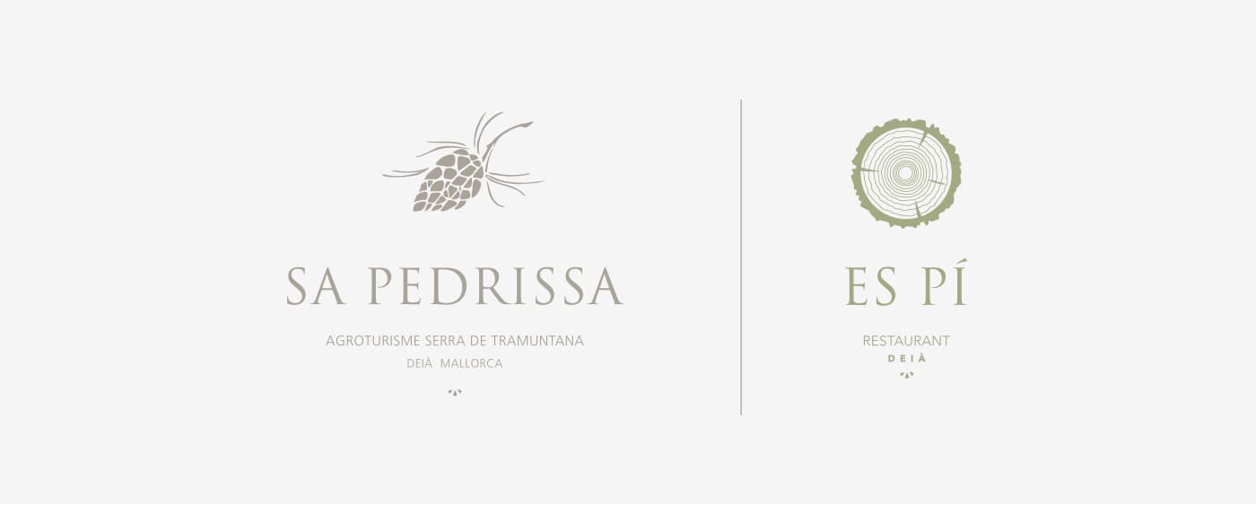 Sa Pedrissa and Es Pí logos with pine-cone and tree-ring motifs