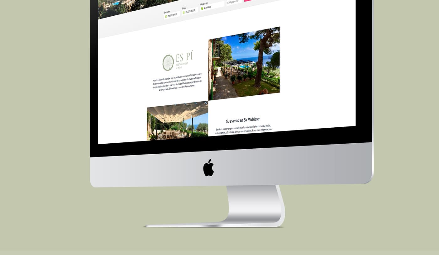 Es Pí website on an iMac showing the restaurant's terrace by the sea