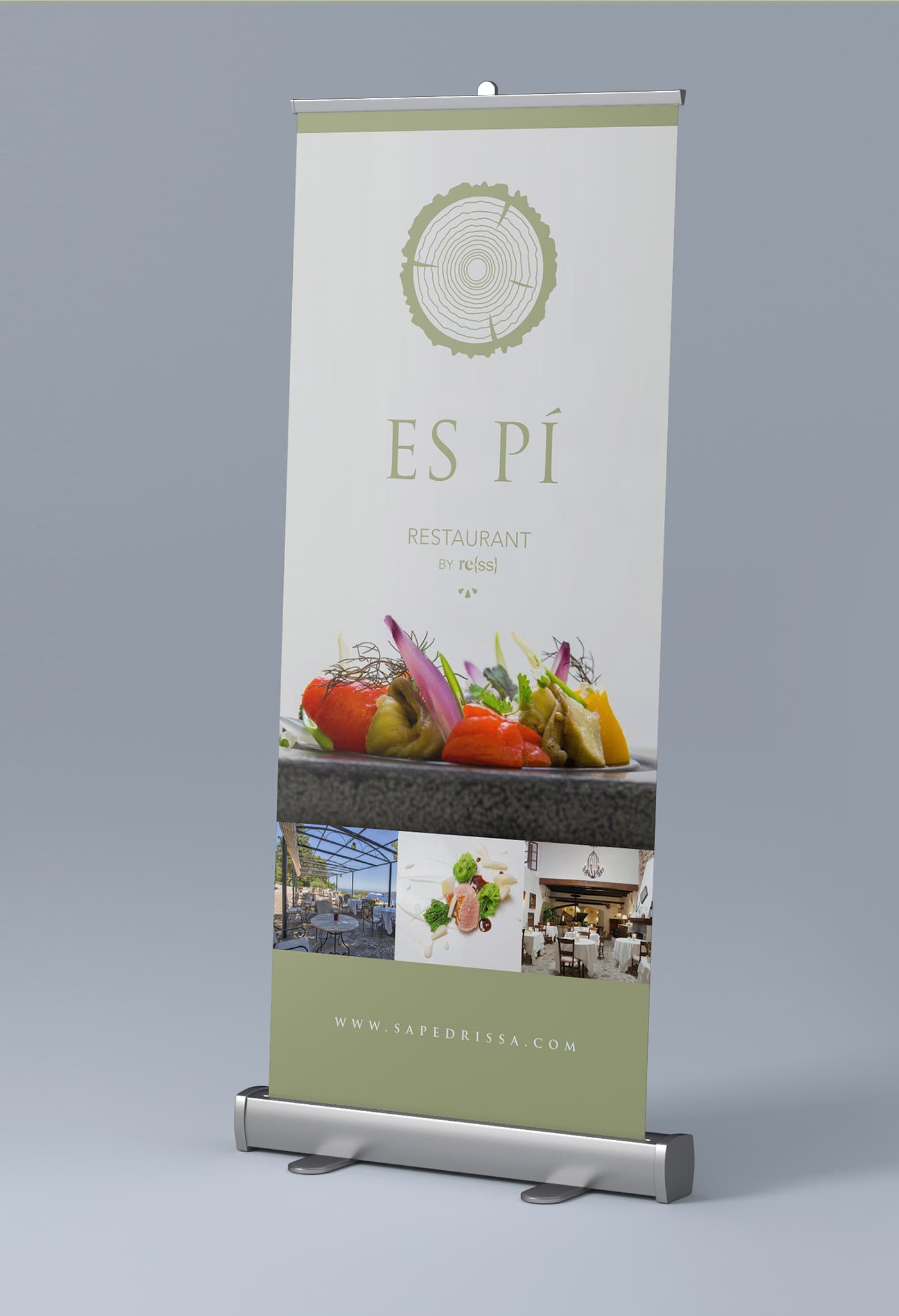 Es Pí roll-up with the logo, a restaurant dish and photos of the terrace