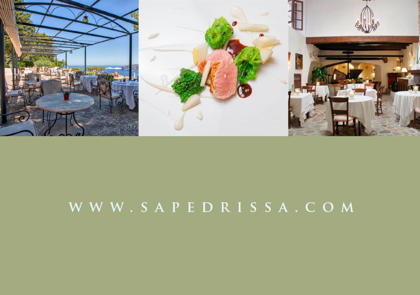 Terrace with sea views, a sirloin dish with vegetables and Es Pí's indoor dining room