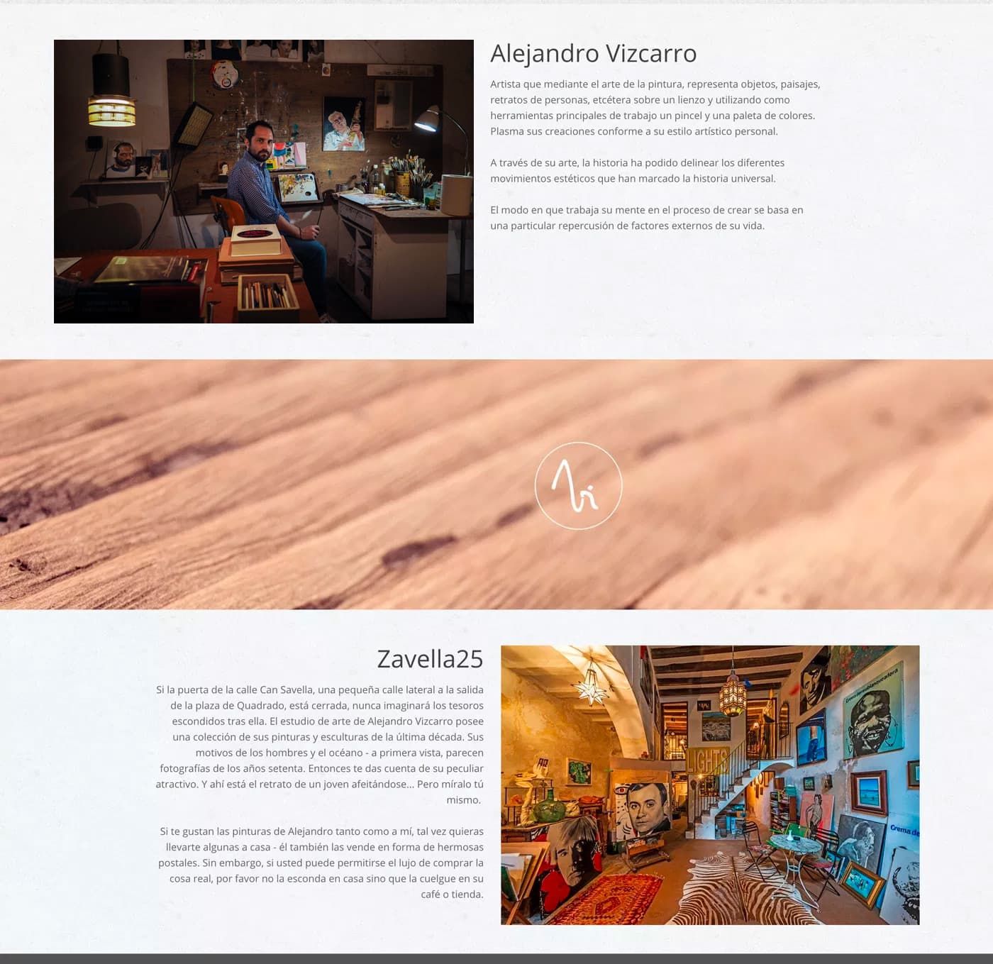 Screenshot of the website with the artist in his painting studio