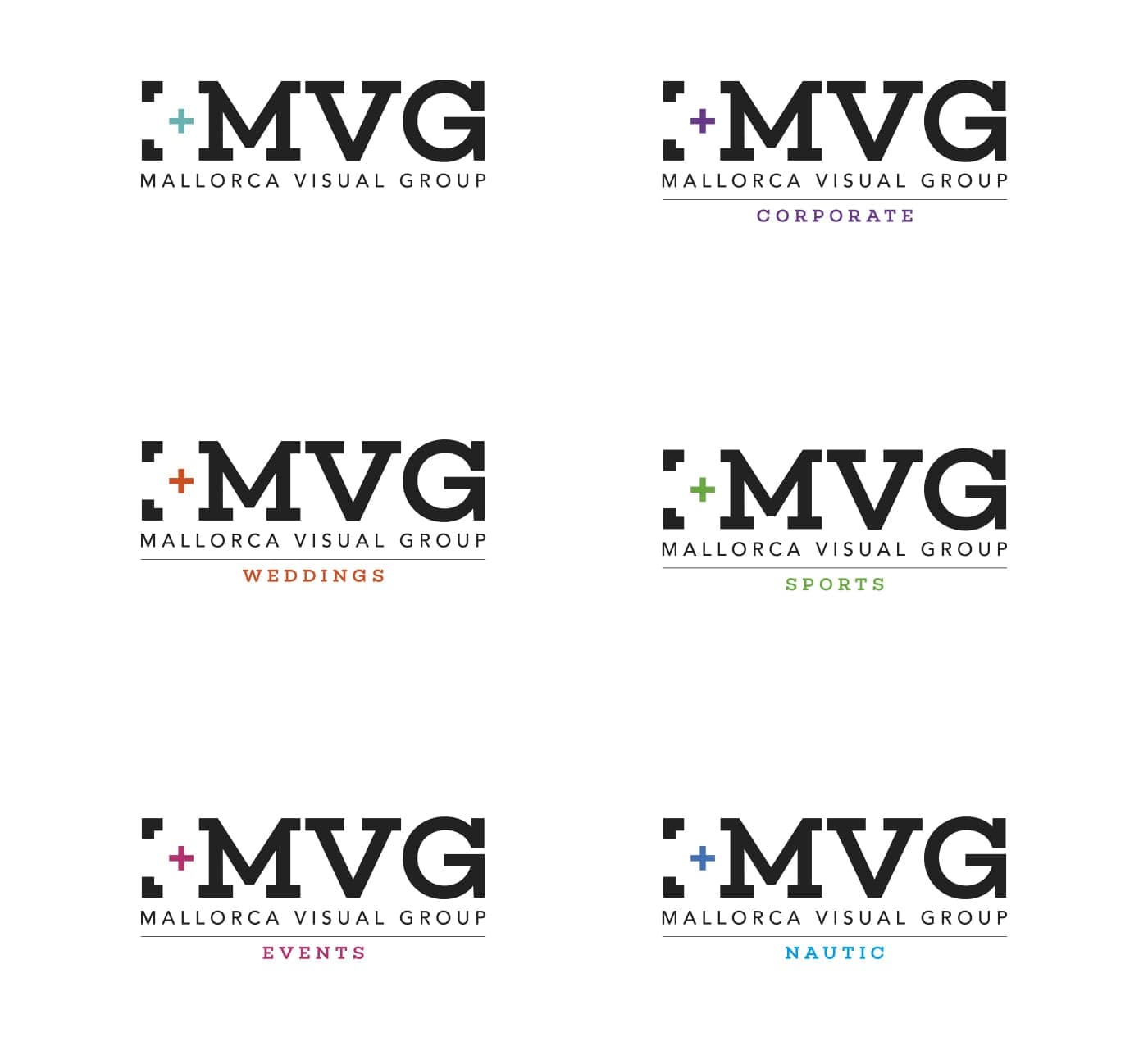 Cinc variants del logotip MVG amb etiquetes de color per a cada àrea de negoci