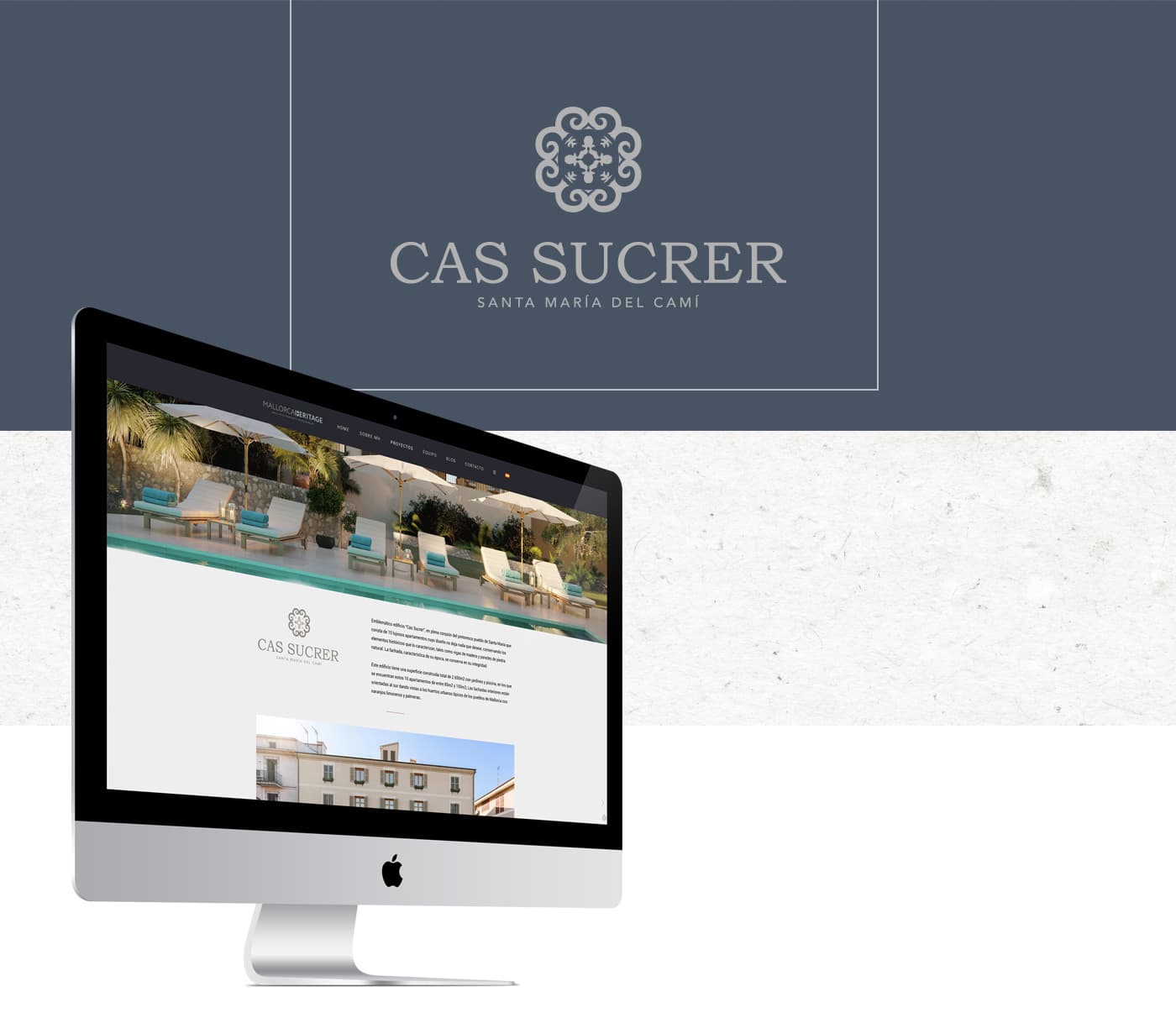 Logotip heràldic de Cas Sucrer aplicat sobre mockup d'iMac amb la web del projecte