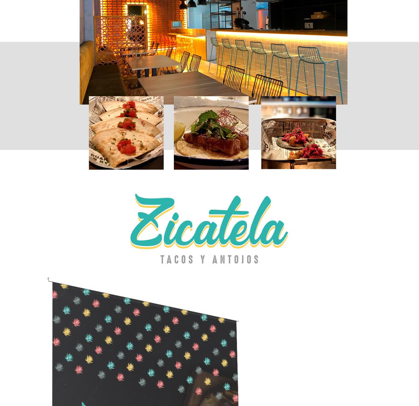 Collage con la barra iluminada del local, tacos y el logotipo de Zicatela