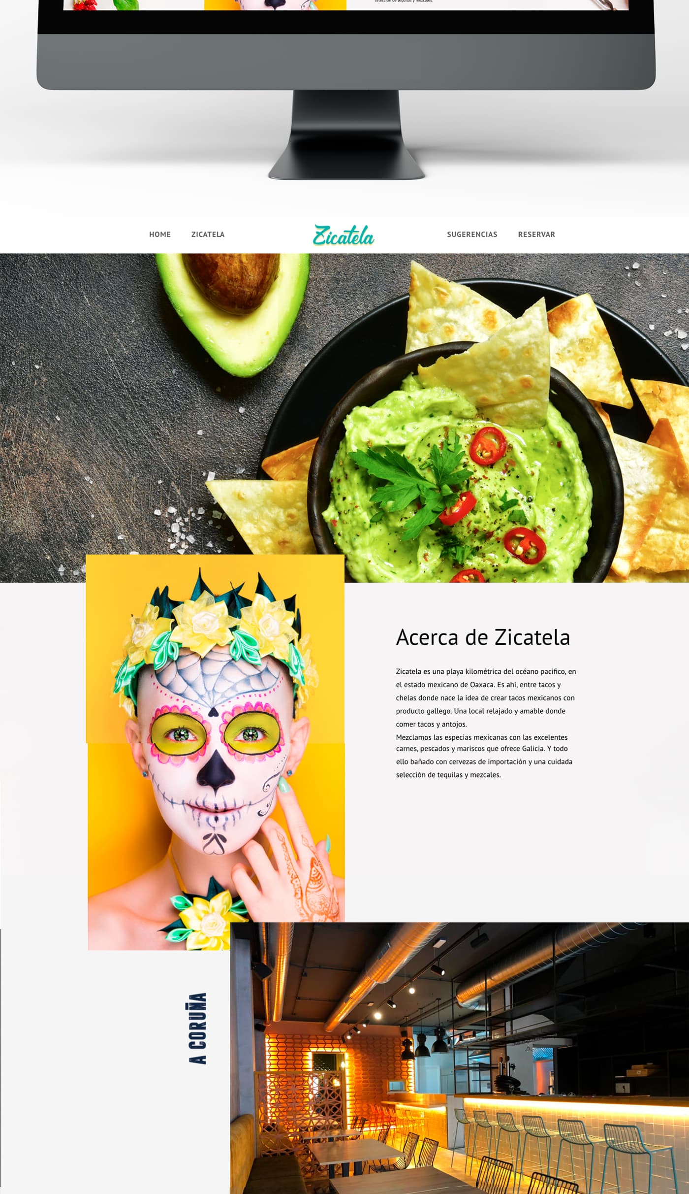 Captura de la home con plato de guacamole y sección Acerca de Zicatela