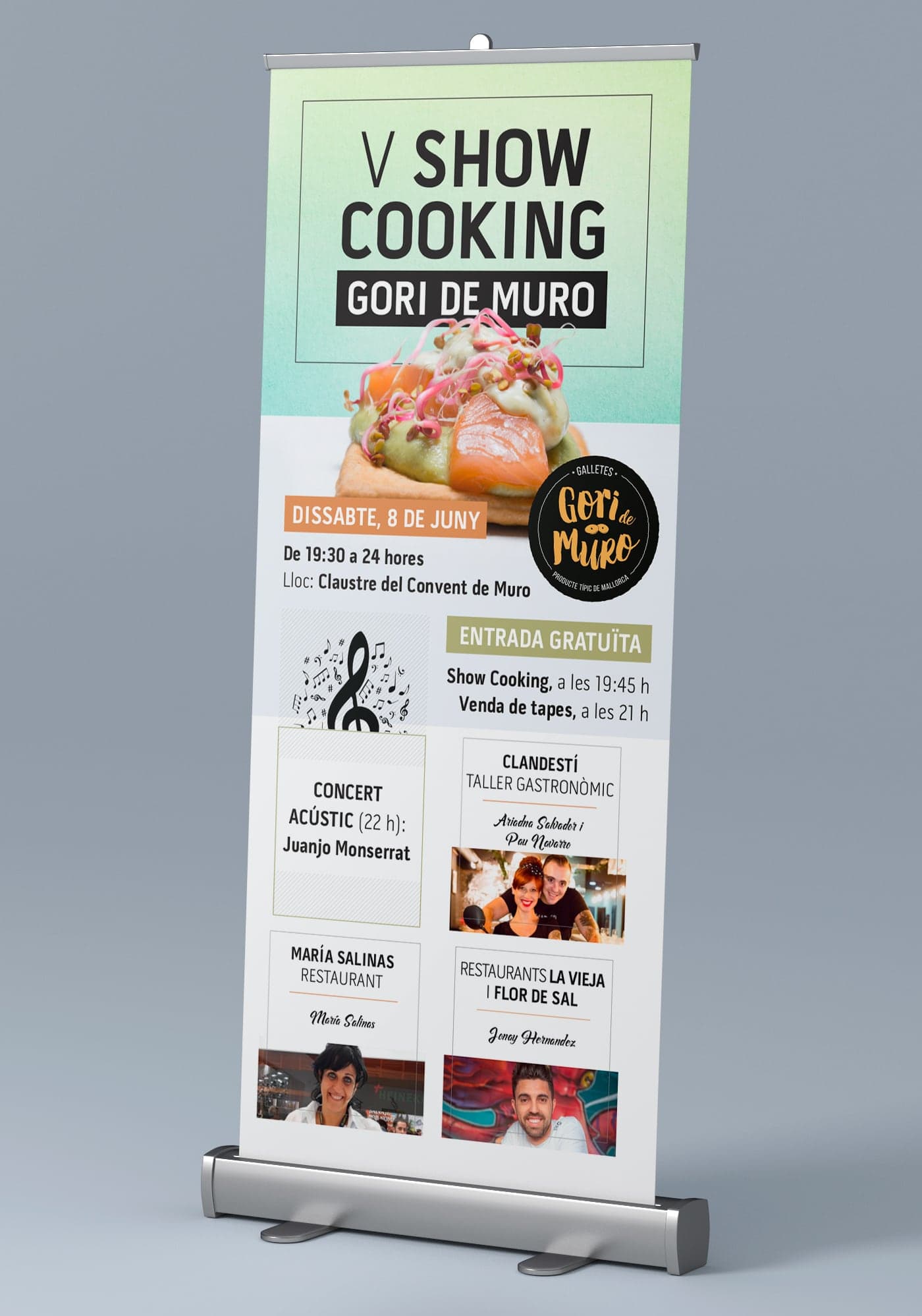 Roll-up publicitario del V Show Cooking Gori de Muro con foto de una tapa gourmet