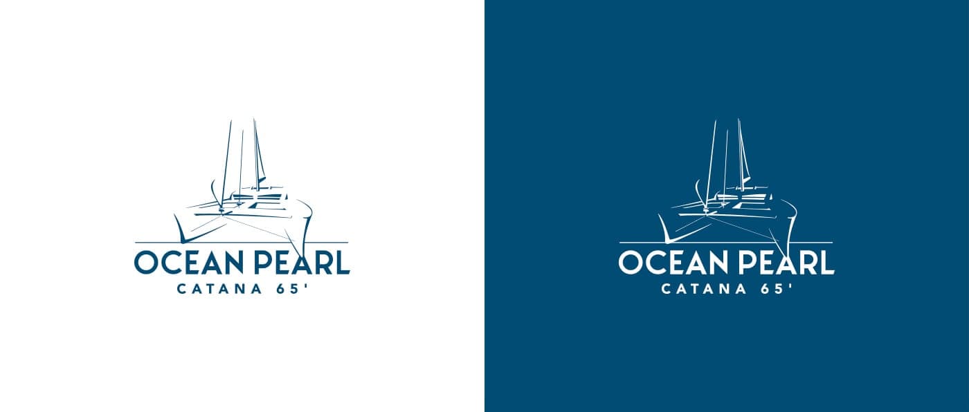 Logotip d'Ocean Pearl en versió blau marí sobre blanc i en negatiu sobre blau