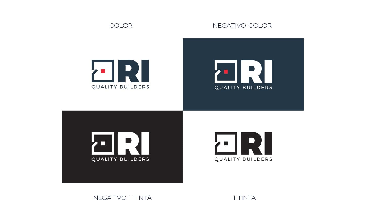 Four variants of the RI Quality Builders logo in colour, negative and one-colour