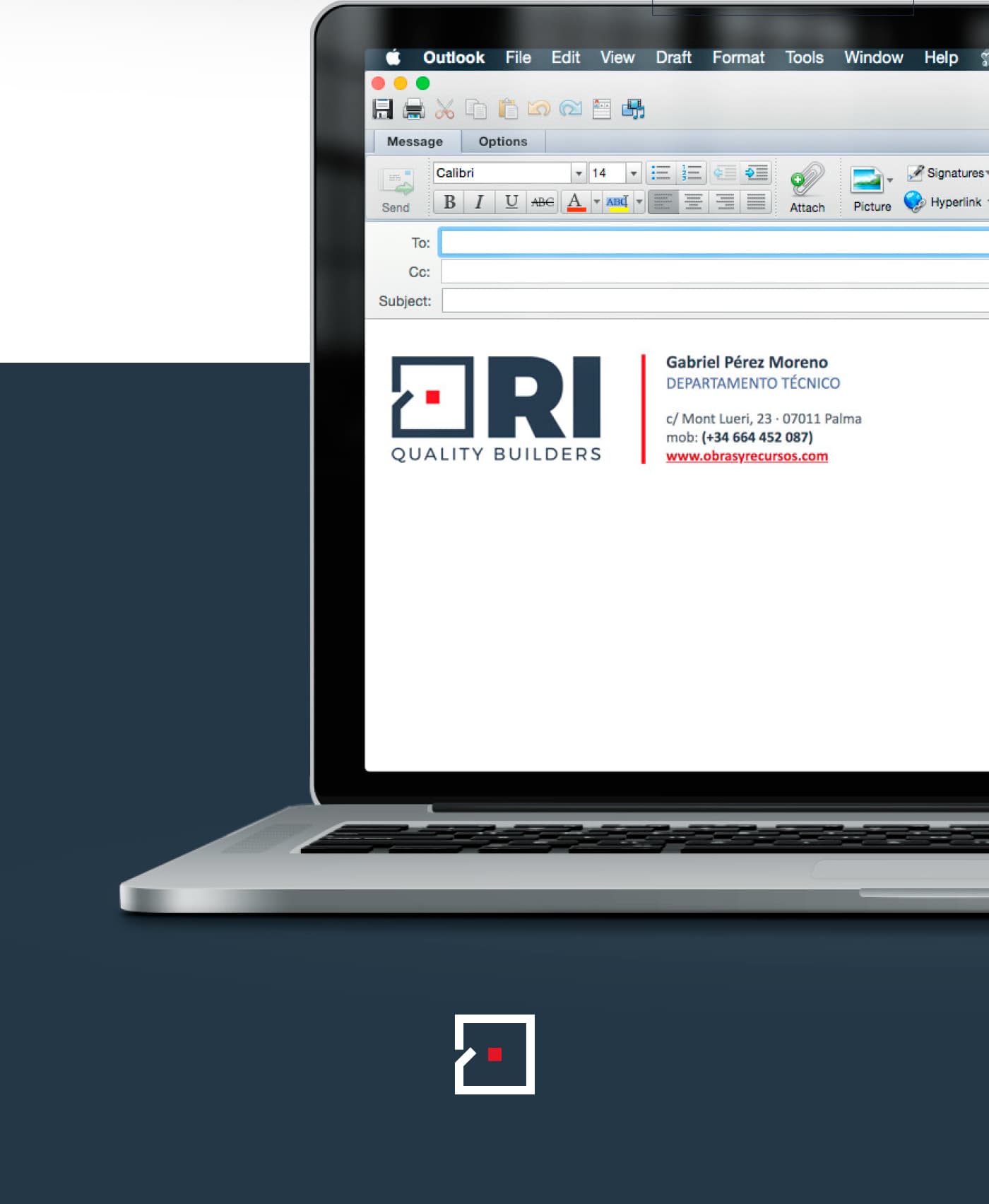 Mockup of an email signature with the logo applied on a laptop
