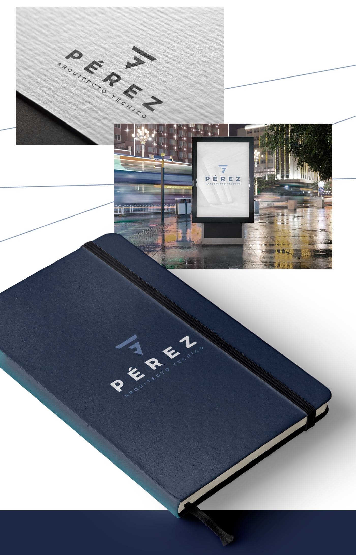 Logo engraved on paper, a nighttime billboard and Pérez's corporate notebook