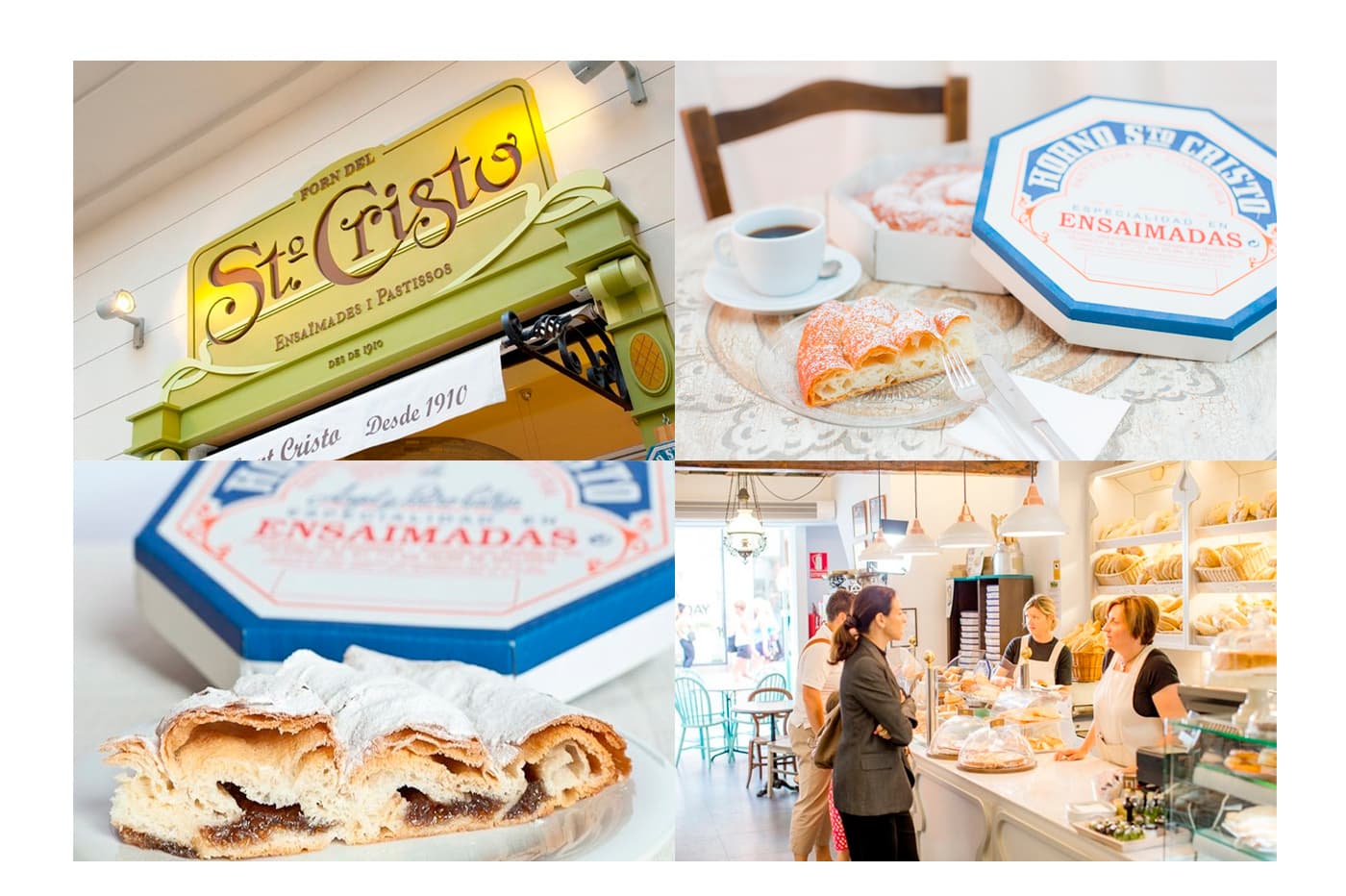Collage con el rótulo de la fachada, la caja de ensaimadas y el interior de la pastelería Sto. Cristo
