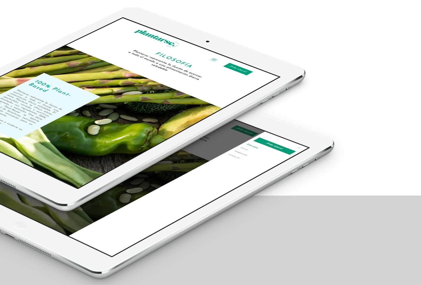 Tablet mockups of the home page with vegetables
