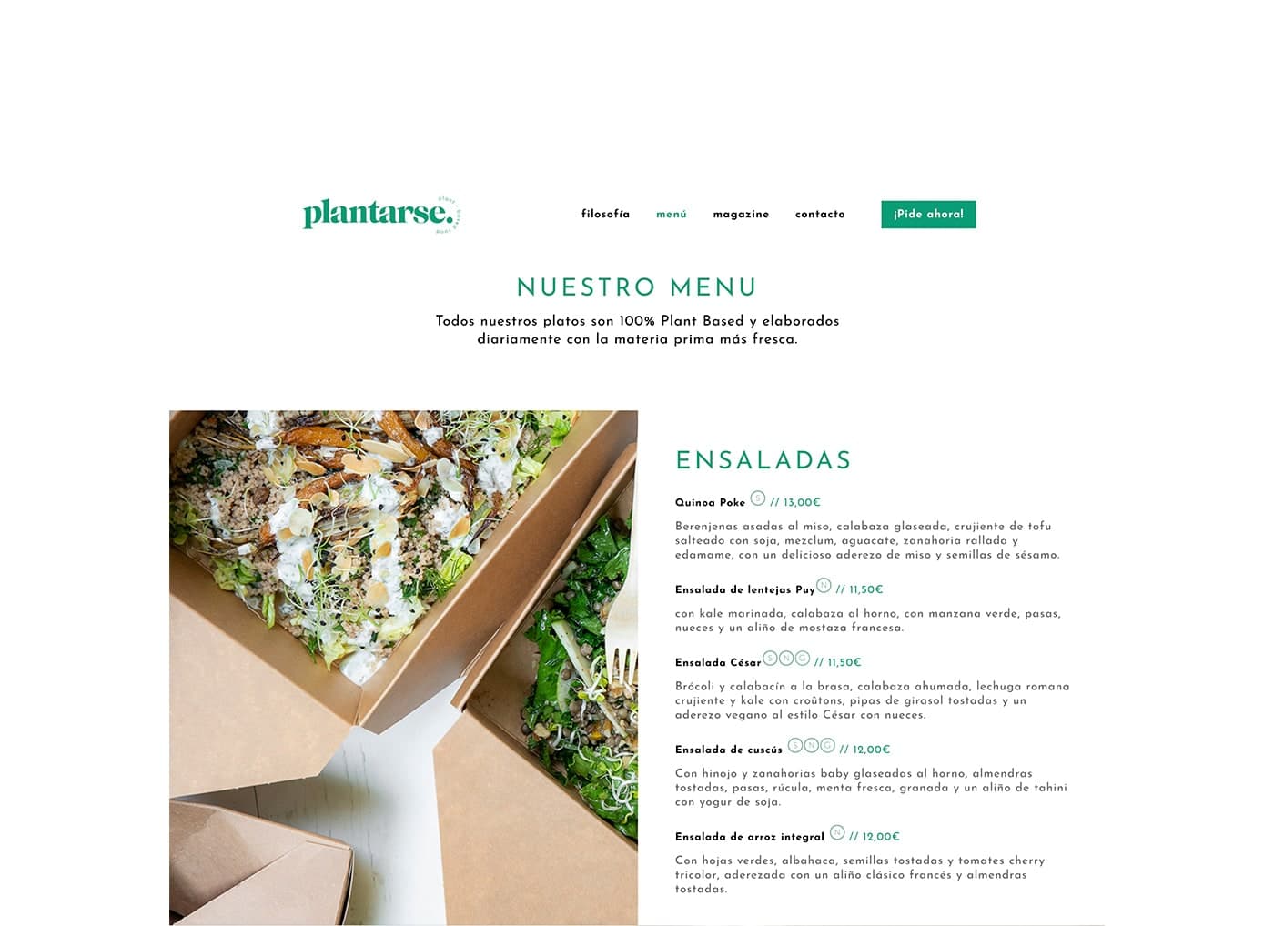 Menu page with a photo of salad in a kraft box