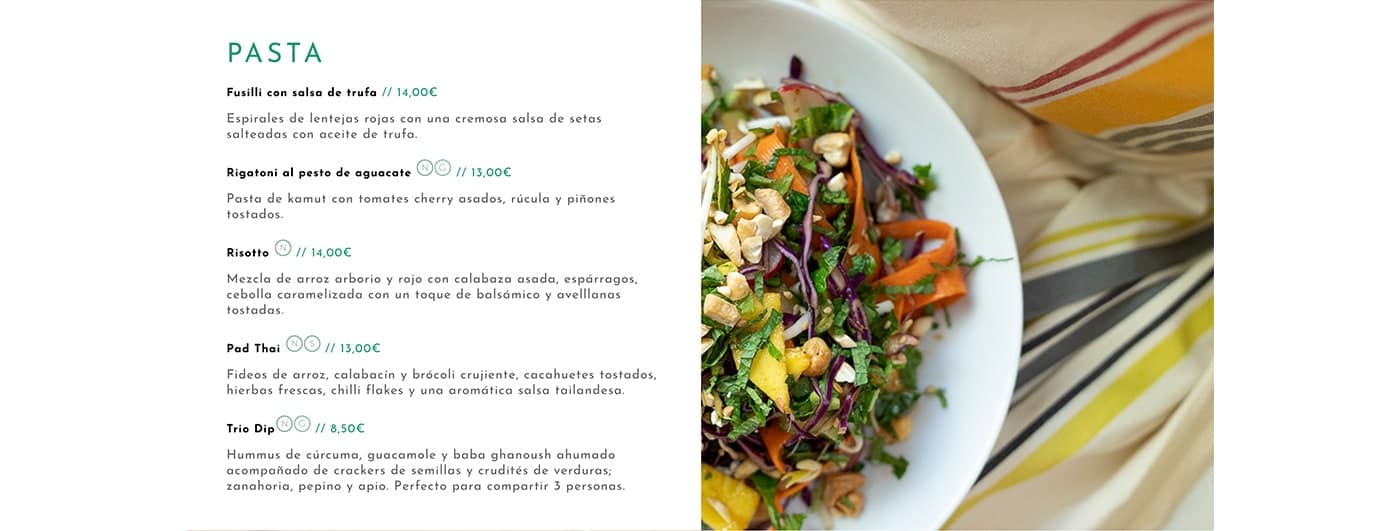 Pasta section of the menu with a bowl of noodle salad