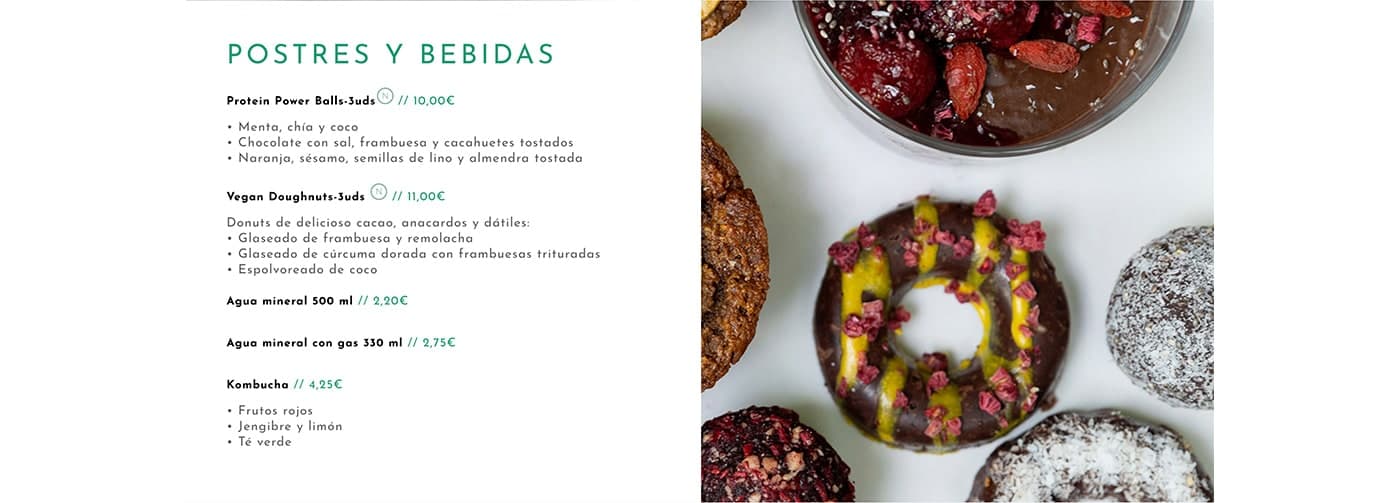 Desserts section with colourful glazed vegan donuts