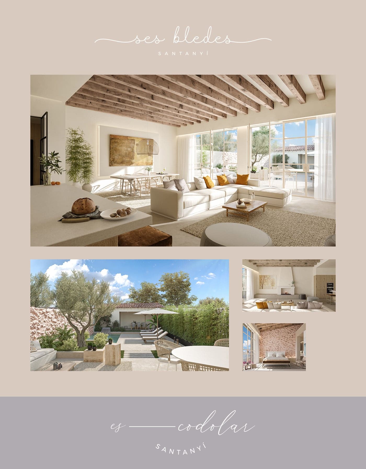 Moodboard for the Ses Bledes house with a wood-beamed living room and a pool terrace