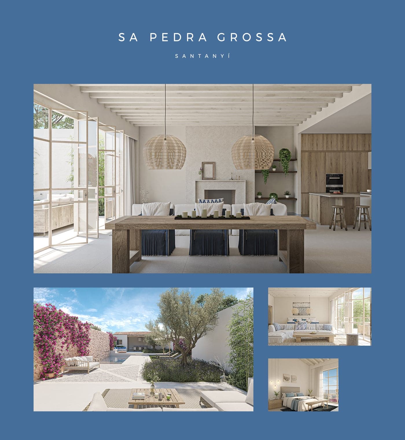 Moodboard for the Sa Pedra Grossa house with a wooden dining room and a bougainvillea garden