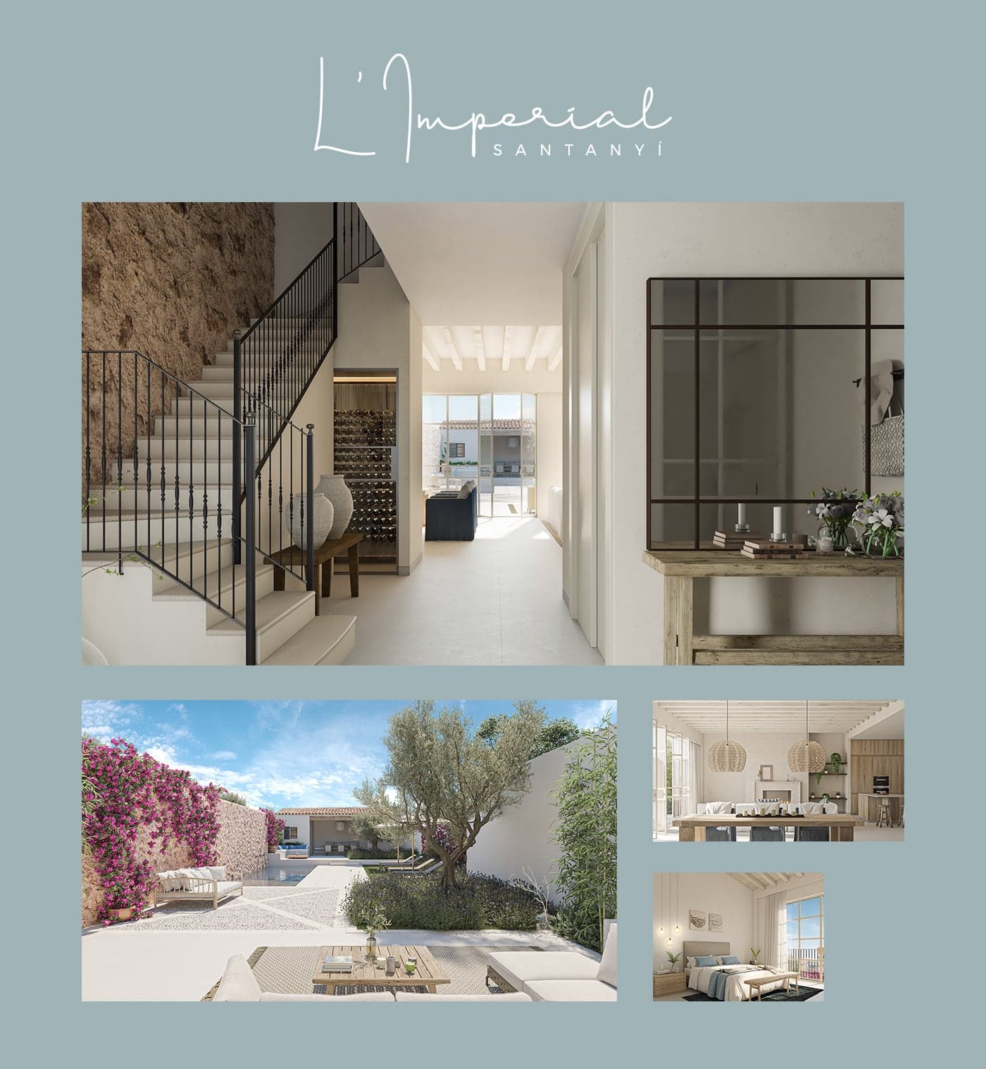 Moodboard for the L'Imperial house with an exposed stone staircase and a bougainvillea patio