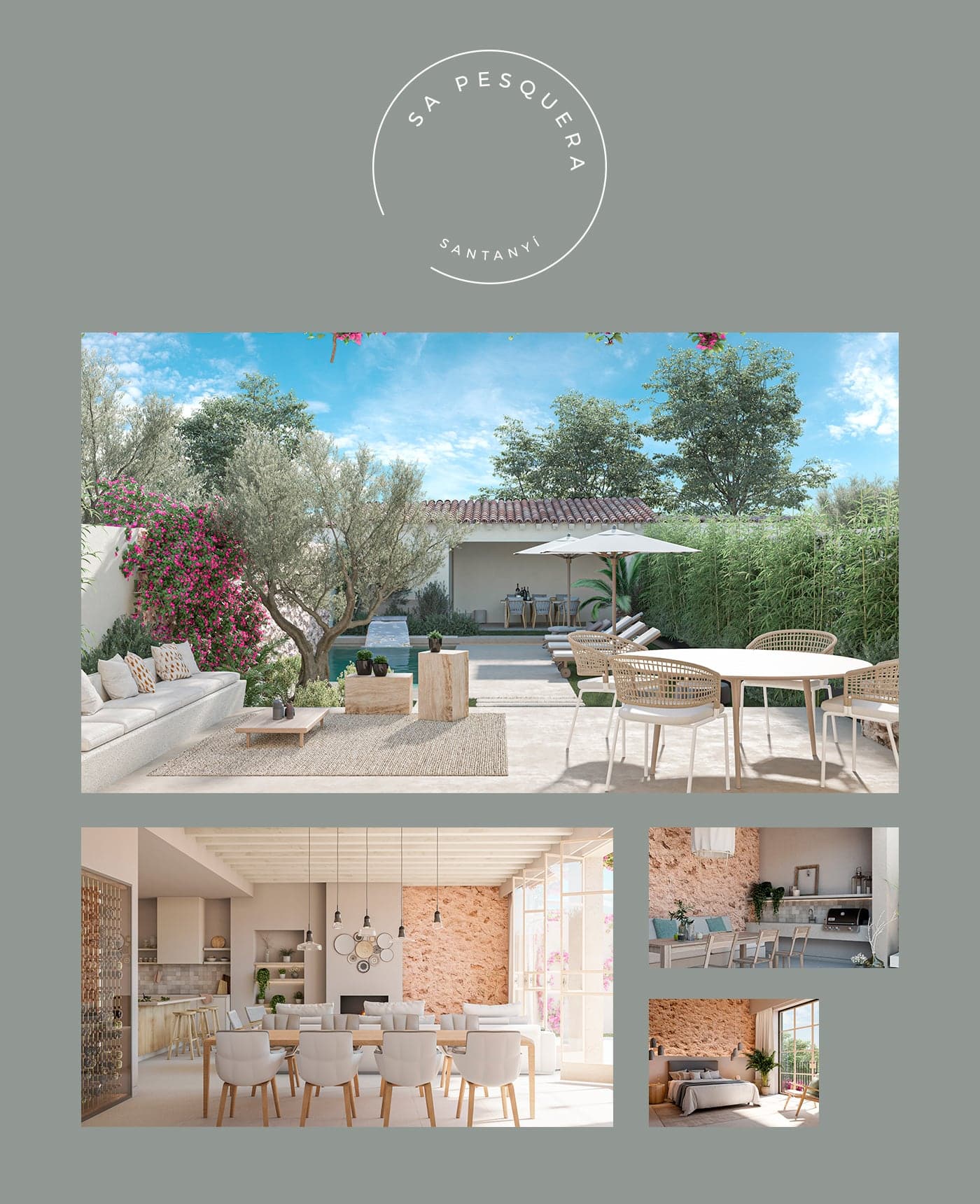 Moodboard for the Sa Pesquera house with a covered porch and a pink-stone dining room